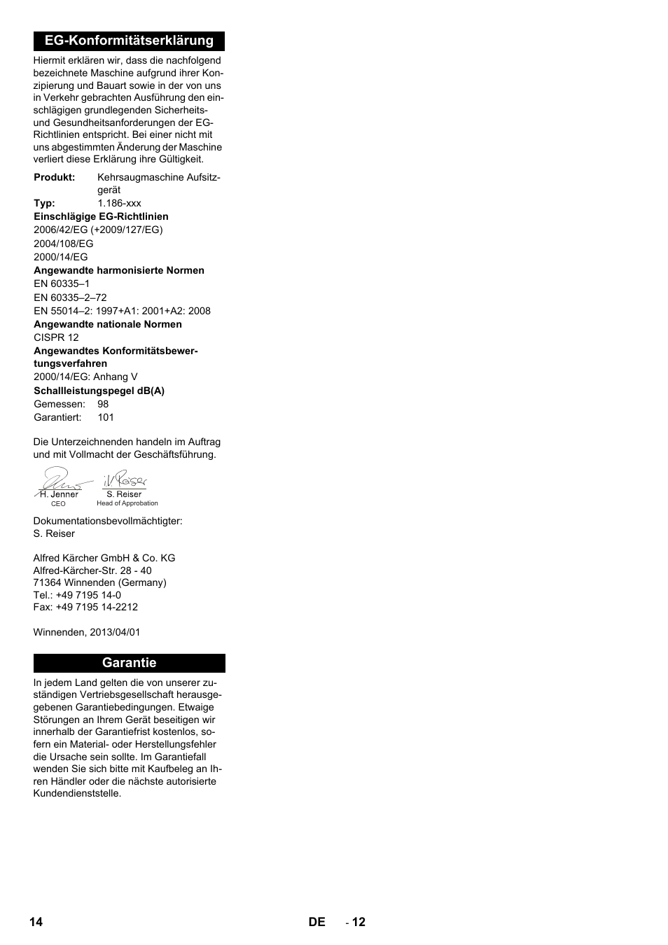 Eg-konformitätserklärung, Garantie | Karcher KM 130-300 R Lpg User Manual | Page 14 / 448