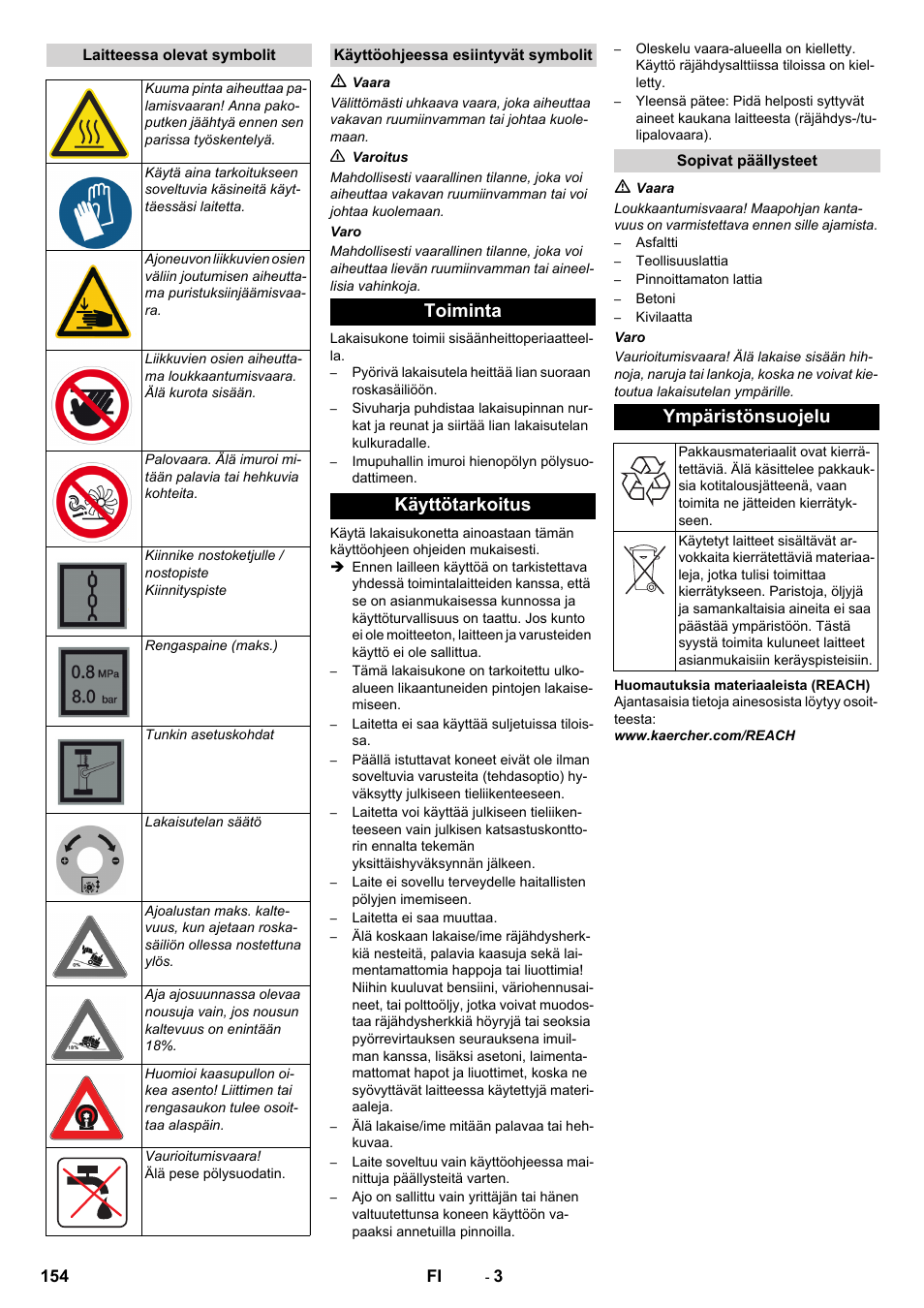 Toiminta käyttötarkoitus, Ympäristönsuojelu | Karcher KM 130-300 R Lpg User Manual | Page 154 / 448