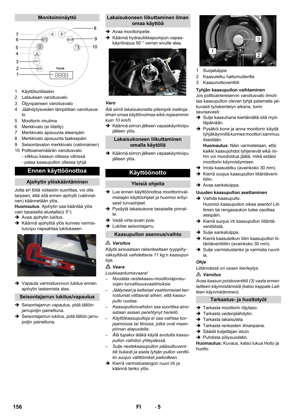 Ennen käyttöönottoa, Käyttöönotto | Karcher KM 130-300 R Lpg User Manual | Page 156 / 448