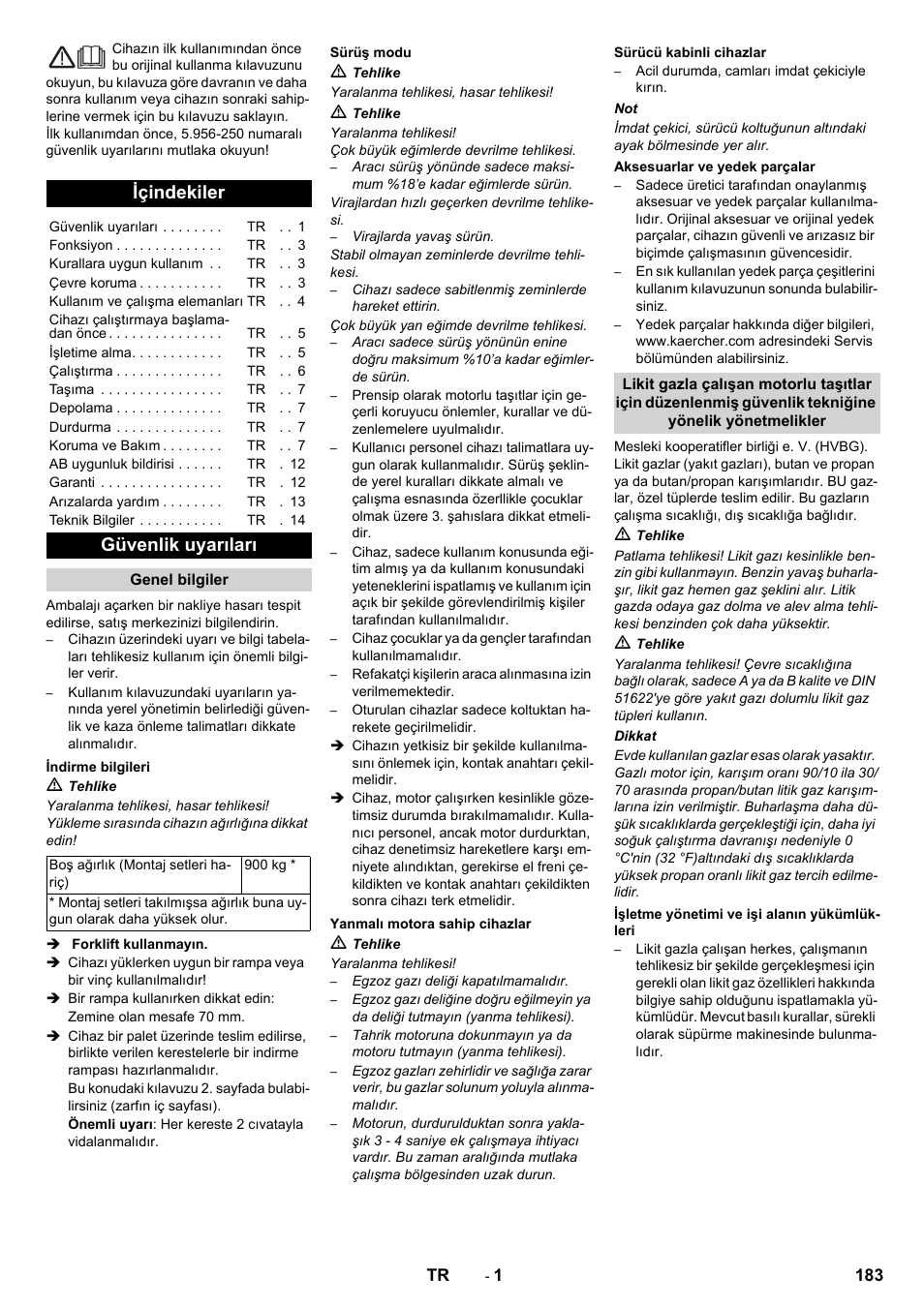Türkçe, Içindekiler, Güvenlik uyarıları | Karcher KM 130-300 R Lpg User Manual | Page 183 / 448