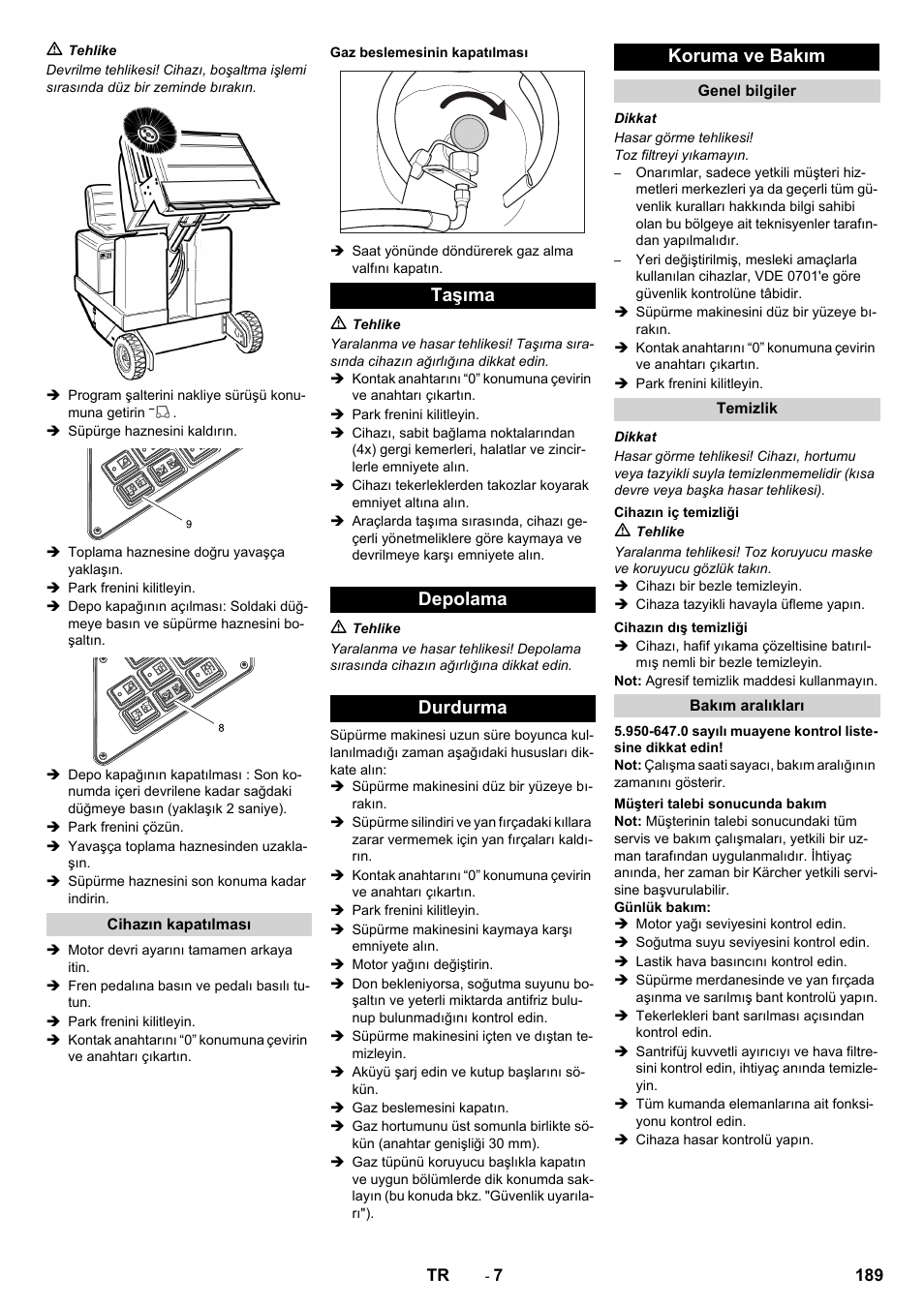 Taşıma depolama durdurma koruma ve bakım | Karcher KM 130-300 R Lpg User Manual | Page 189 / 448