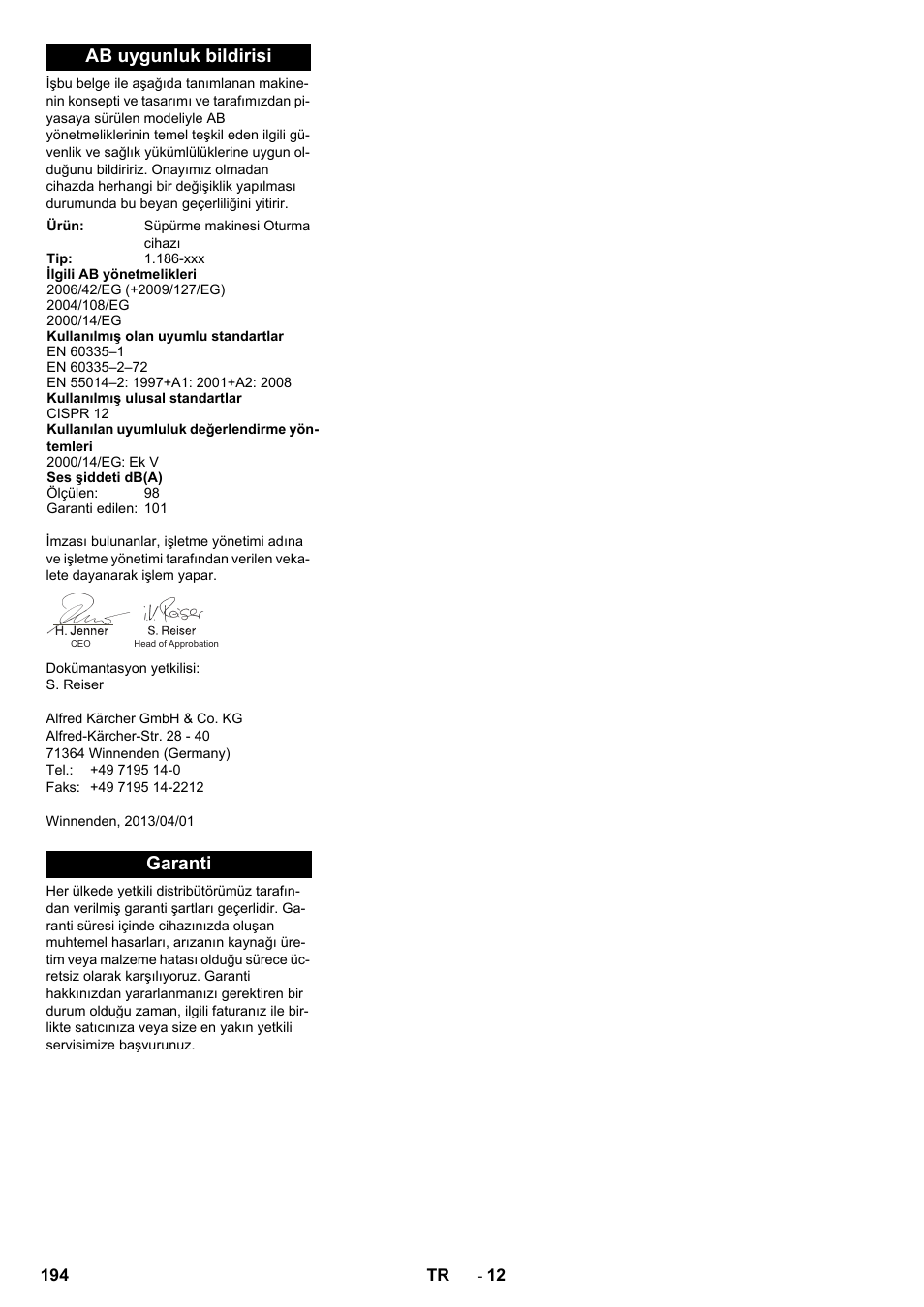 Ab uygunluk bildirisi, Garanti | Karcher KM 130-300 R Lpg User Manual | Page 194 / 448