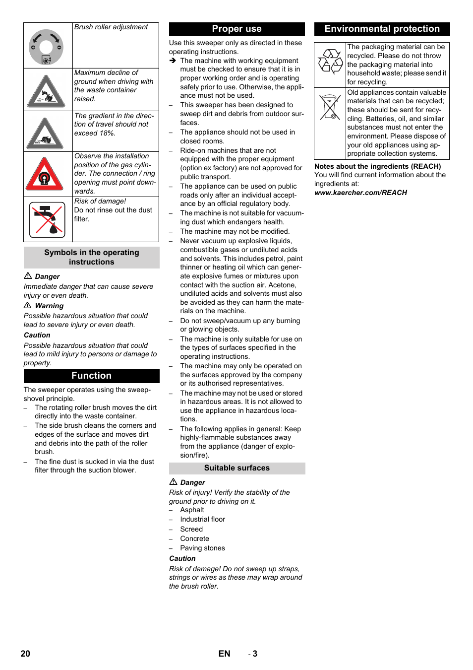 Function proper use, Environmental protection | Karcher KM 130-300 R Lpg User Manual | Page 20 / 448