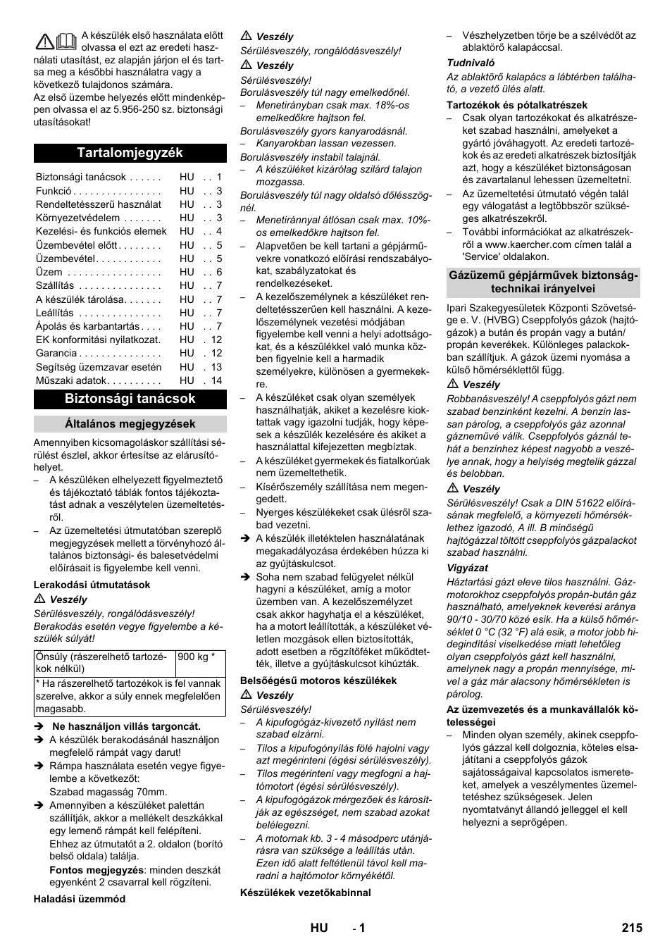 Magyar, Tartalomjegyzék, Biztonsági tanácsok | Karcher KM 130-300 R Lpg User Manual | Page 215 / 448