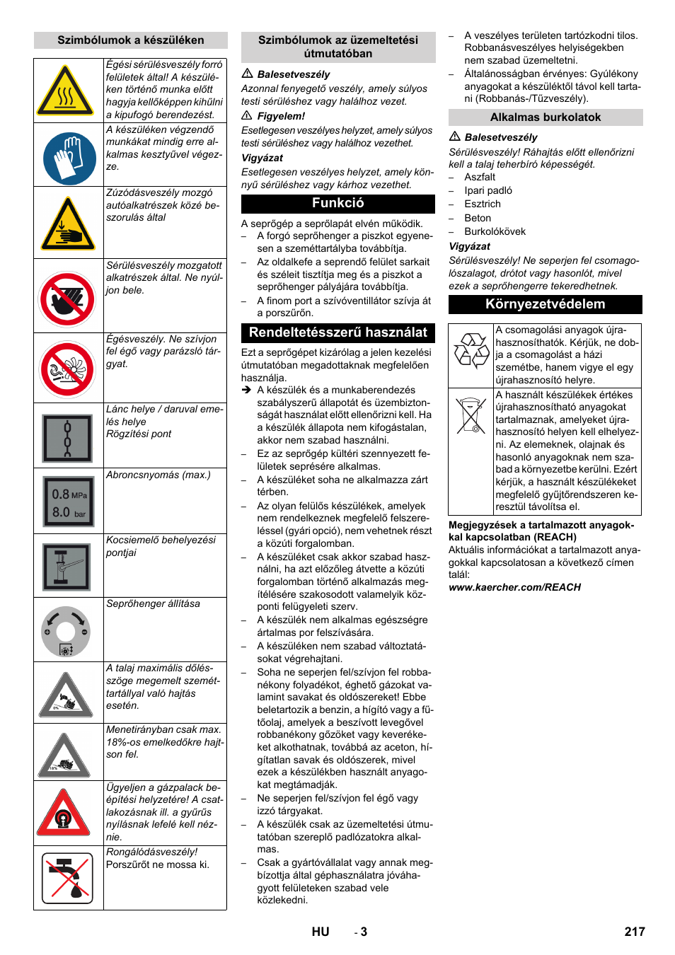 Funkció rendeltetésszerű használat, Környezetvédelem | Karcher KM 130-300 R Lpg User Manual | Page 217 / 448
