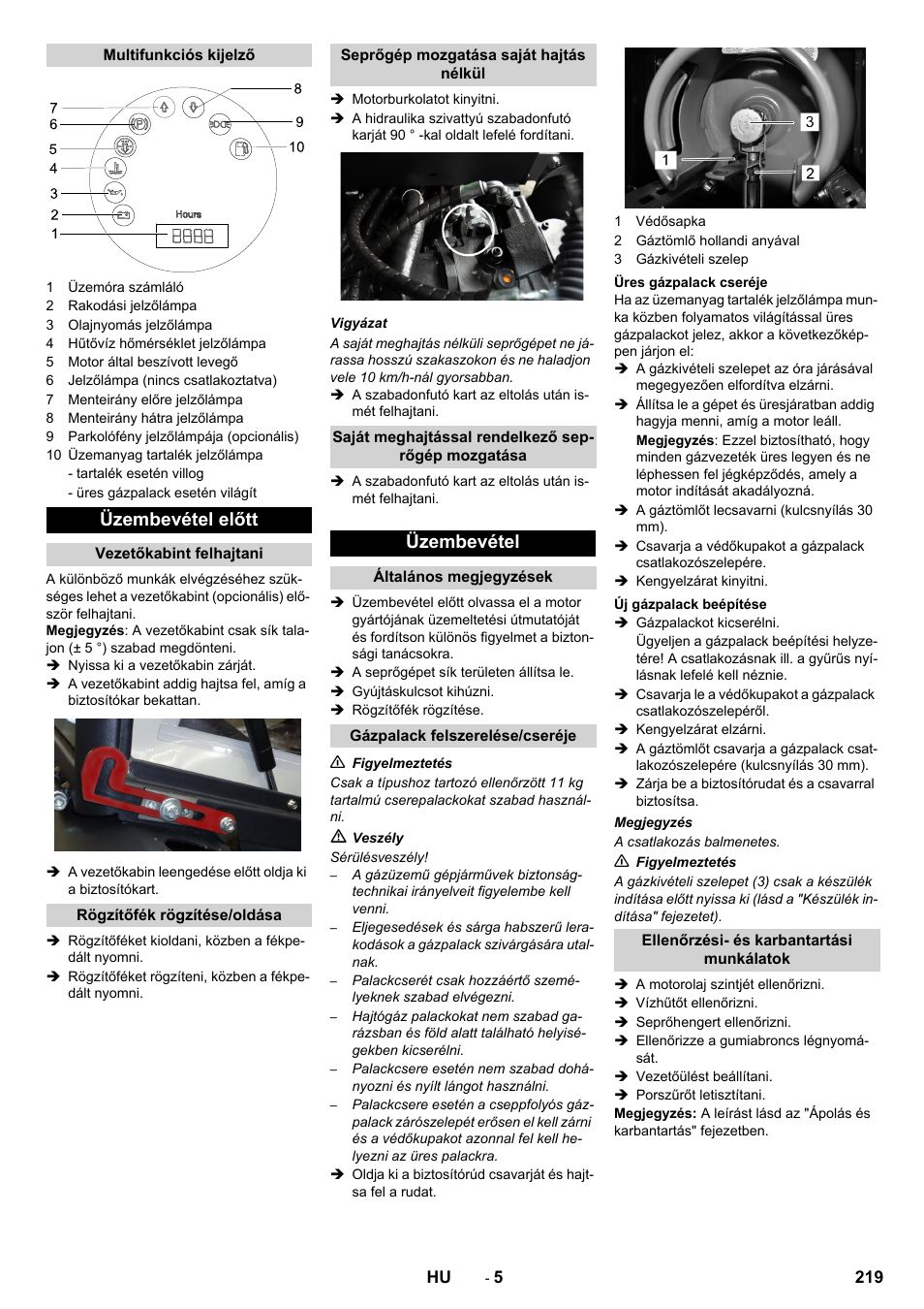 Üzembevétel előtt, Üzembevétel | Karcher KM 130-300 R Lpg User Manual | Page 219 / 448