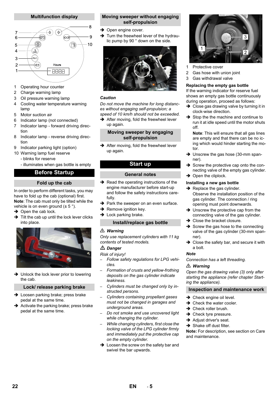 Before startup, Start up | Karcher KM 130-300 R Lpg User Manual | Page 22 / 448