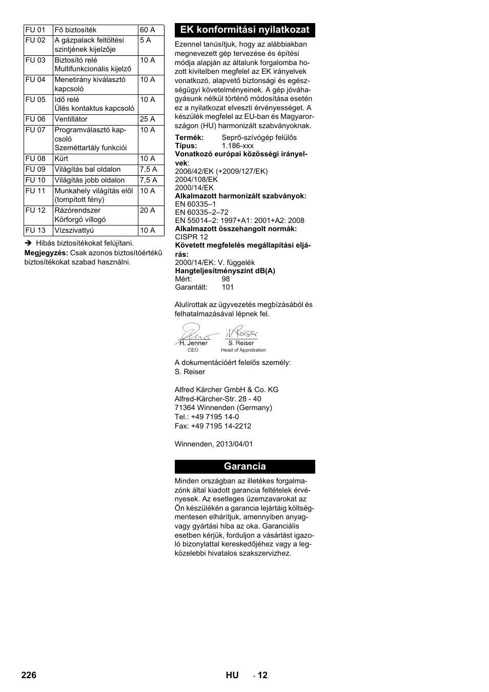 Ek konformitási nyilatkozat, Garancia | Karcher KM 130-300 R Lpg User Manual | Page 226 / 448
