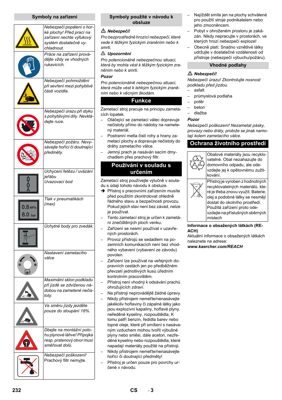 Funkce používání v souladu s určením, Ochrana životního prostředí | Karcher KM 130-300 R Lpg User Manual | Page 232 / 448