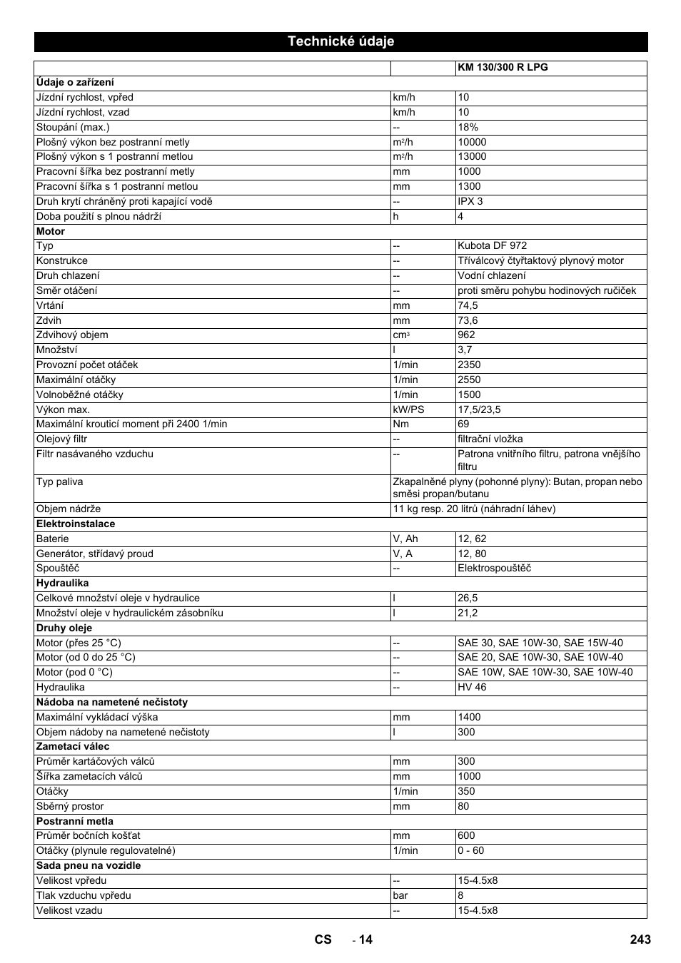 Technické údaje | Karcher KM 130-300 R Lpg User Manual | Page 243 / 448