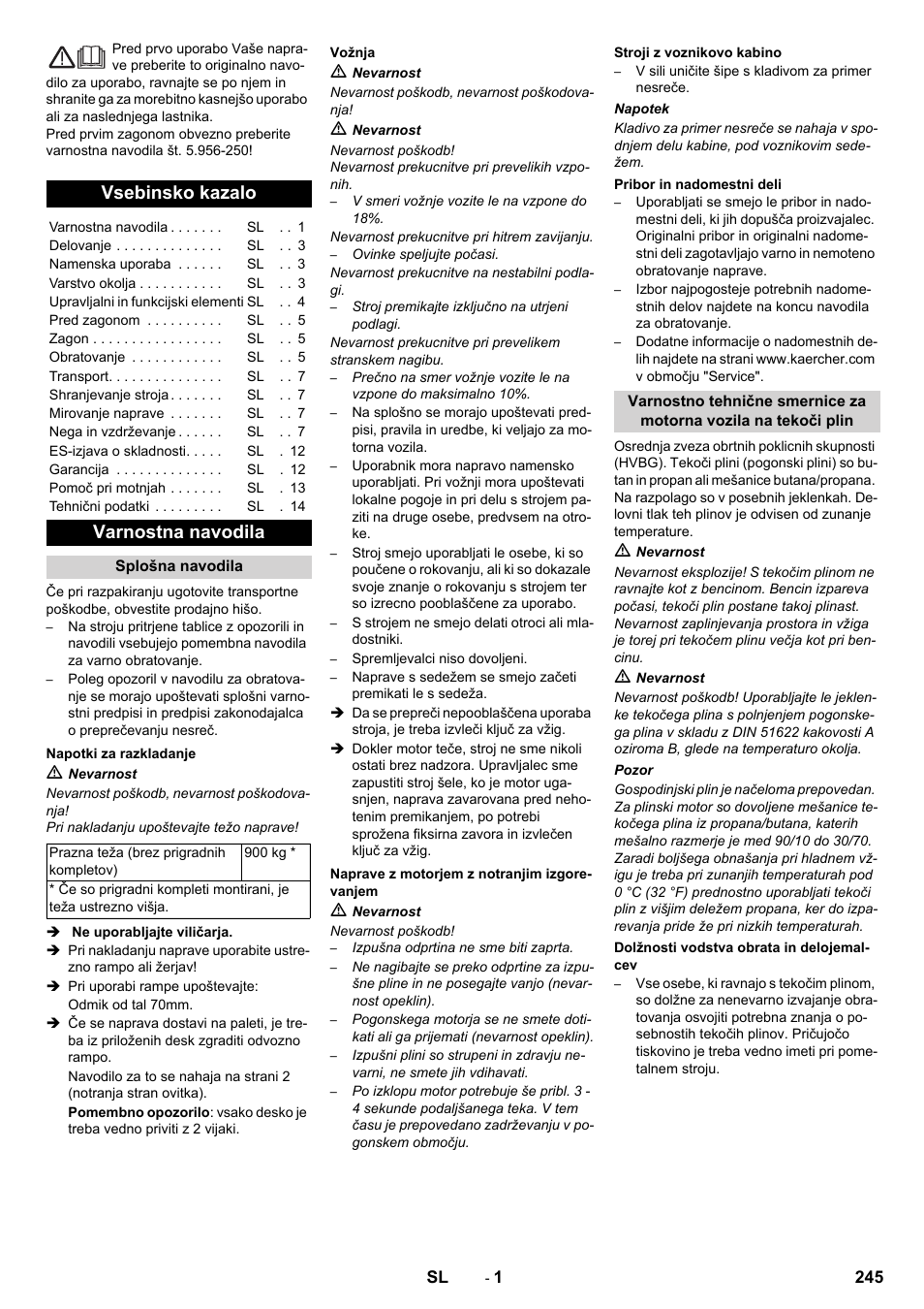 Slovenščina, Vsebinsko kazalo, Varnostna navodila | Karcher KM 130-300 R Lpg User Manual | Page 245 / 448