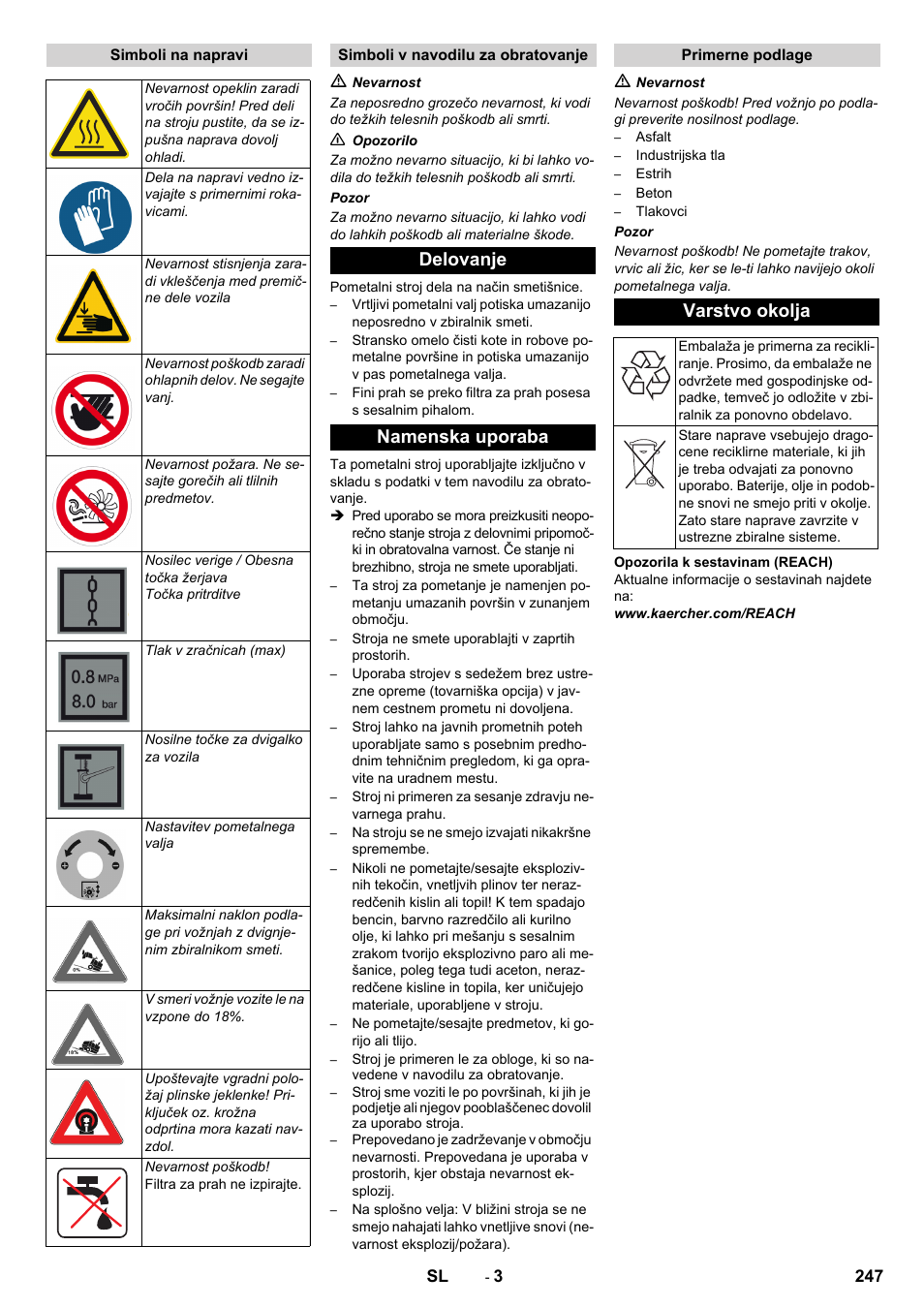 Delovanje namenska uporaba, Varstvo okolja | Karcher KM 130-300 R Lpg User Manual | Page 247 / 448