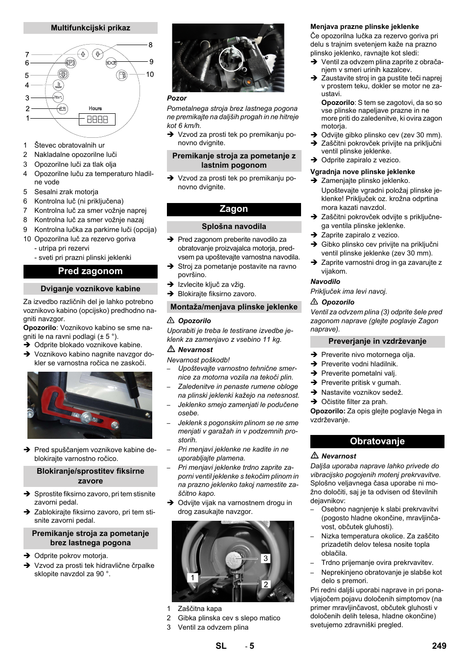 Pred zagonom, Zagon, Obratovanje | Karcher KM 130-300 R Lpg User Manual | Page 249 / 448