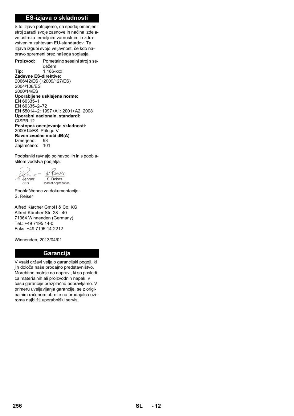 Es-izjava o skladnosti, Garancija | Karcher KM 130-300 R Lpg User Manual | Page 256 / 448