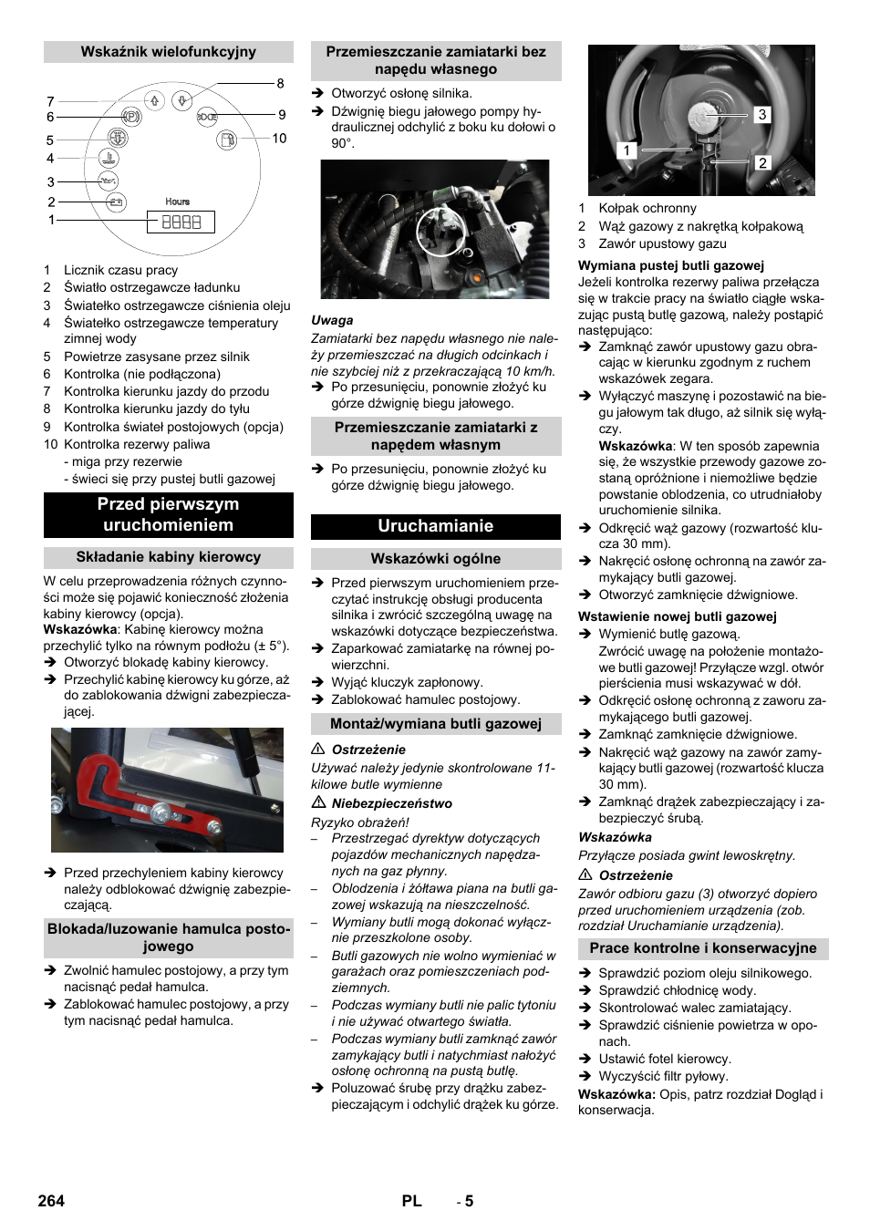 Przed pierwszym uruchomieniem, Uruchamianie | Karcher KM 130-300 R Lpg User Manual | Page 264 / 448