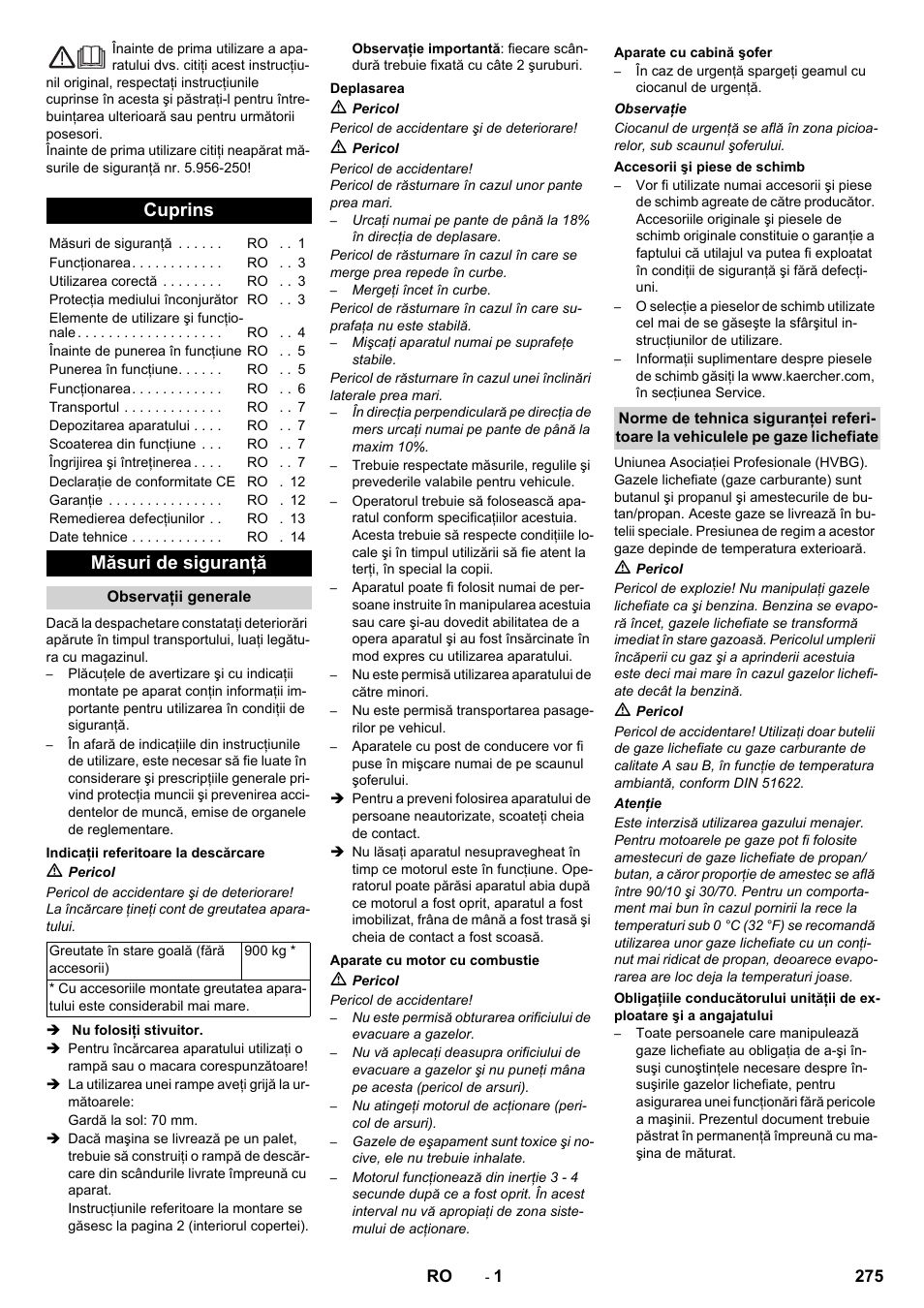 Româneşte, Cuprins, Măsuri de siguranţă | Karcher KM 130-300 R Lpg User Manual | Page 275 / 448