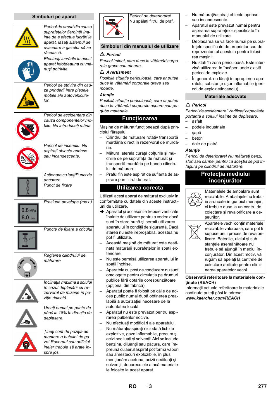 Funcţionarea utilizarea corectă, Protecţia mediului înconjurător | Karcher KM 130-300 R Lpg User Manual | Page 277 / 448