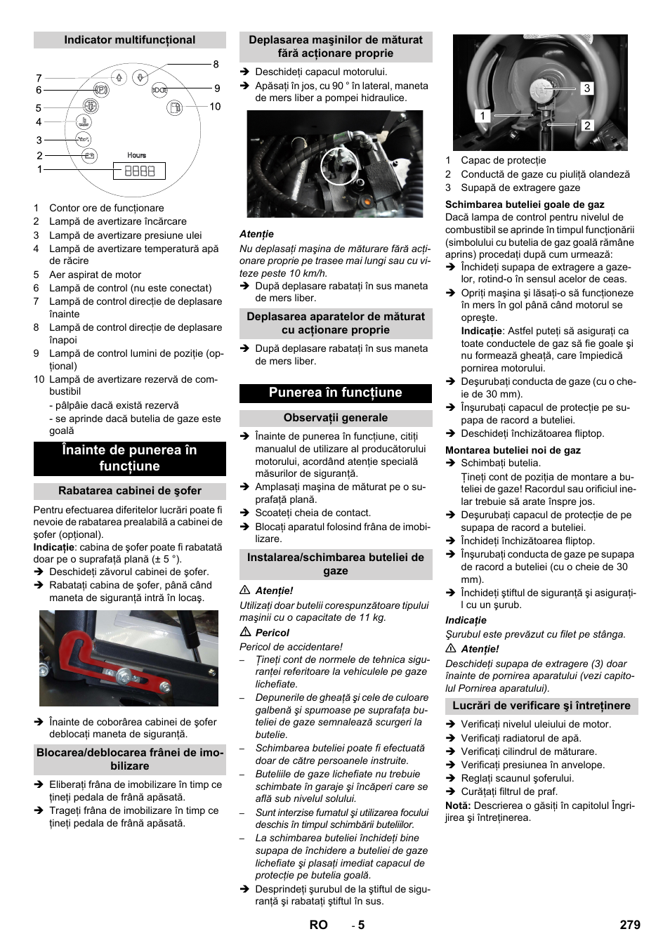 Înainte de punerea în funcţiune, Punerea în funcţiune | Karcher KM 130-300 R Lpg User Manual | Page 279 / 448