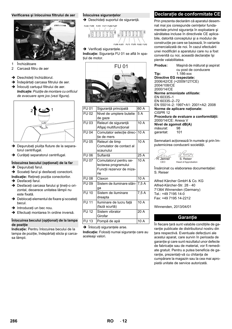 Declaraţie de conformitate ce, Garanţie | Karcher KM 130-300 R Lpg User Manual | Page 286 / 448