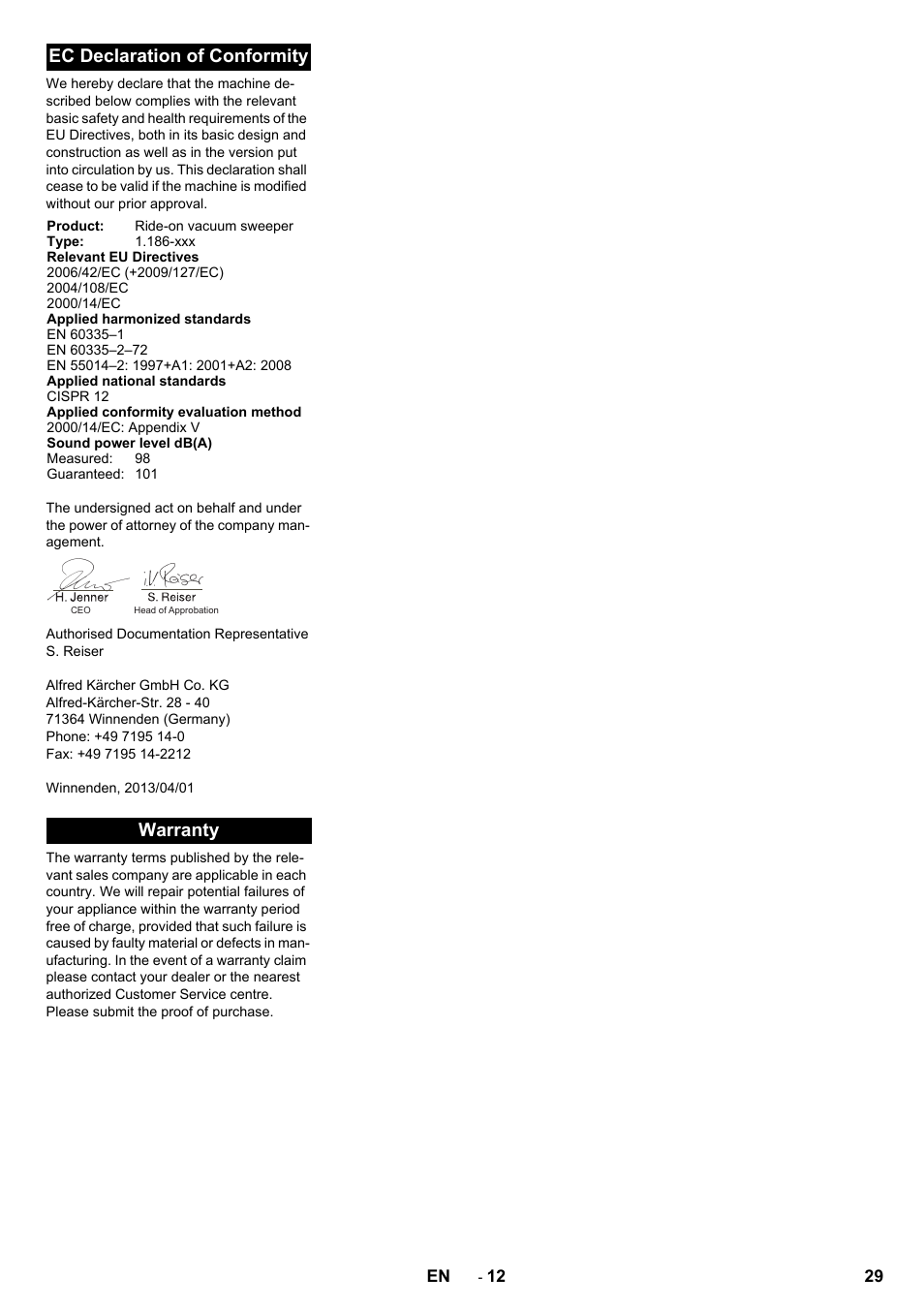 Ec declaration of conformity, Warranty | Karcher KM 130-300 R Lpg User Manual | Page 29 / 448