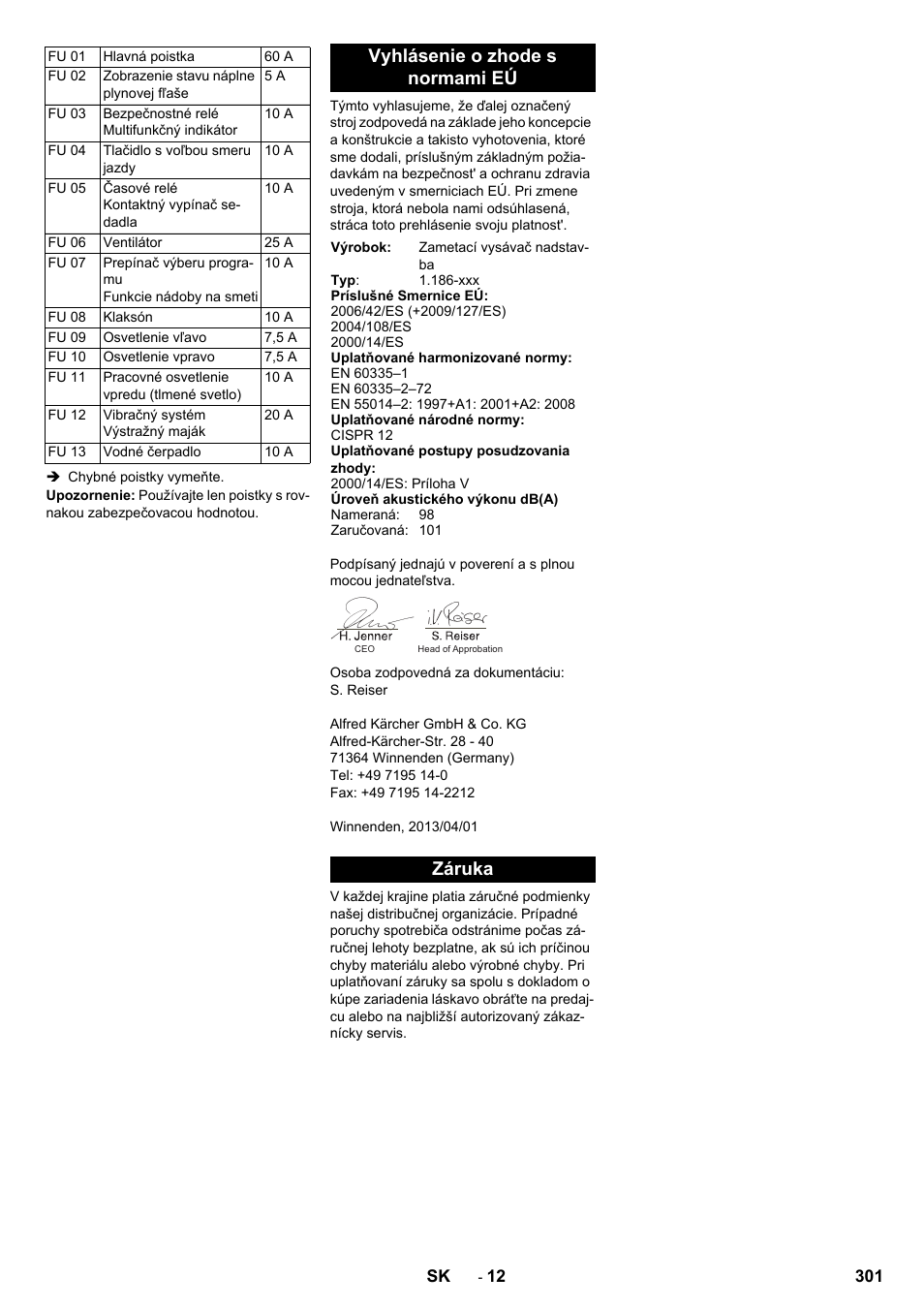 Vyhlásenie o zhode s normami eú, Záruka | Karcher KM 130-300 R Lpg User Manual | Page 301 / 448