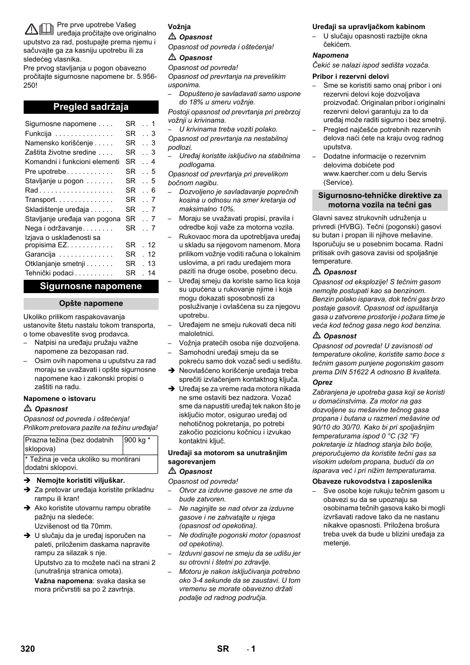 Srpski, Pregled sadržaja, Sigurnosne napomene | Karcher KM 130-300 R Lpg User Manual | Page 320 / 448