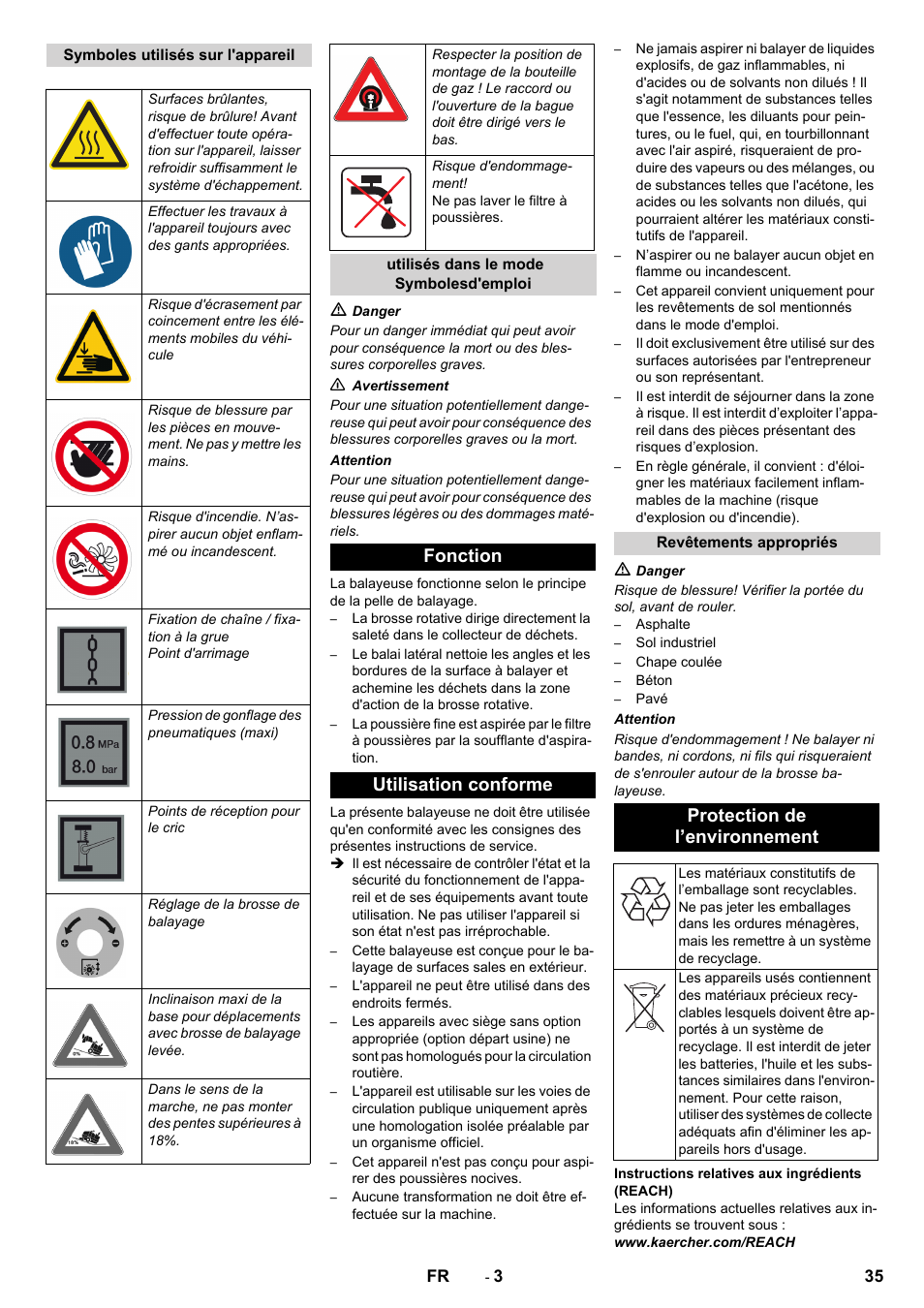 Fonction utilisation conforme, Protection de l’environnement | Karcher KM 130-300 R Lpg User Manual | Page 35 / 448