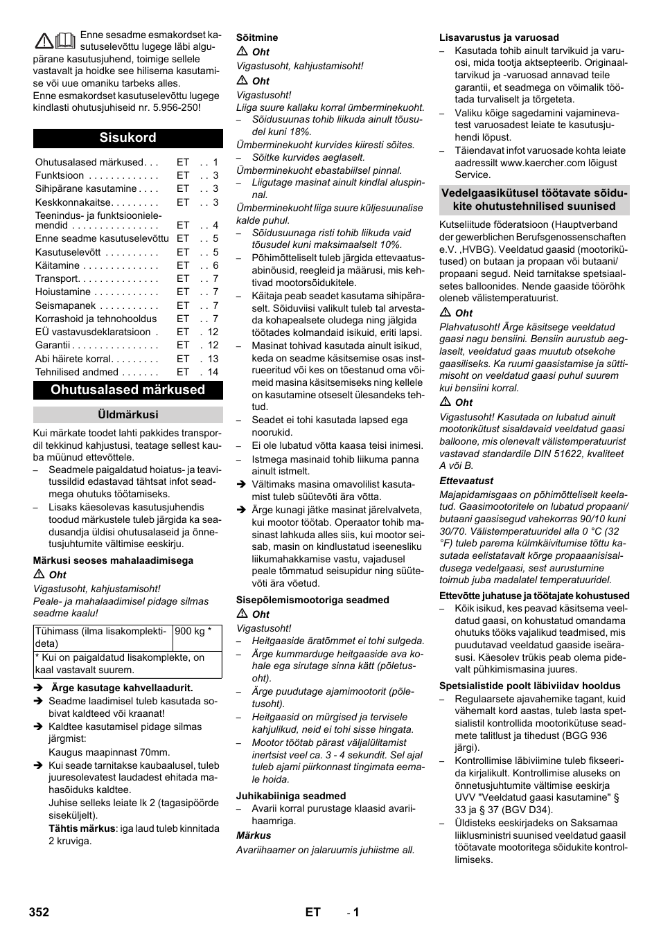 Eesti, Sisukord, Ohutusalased märkused | Karcher KM 130-300 R Lpg User Manual | Page 352 / 448