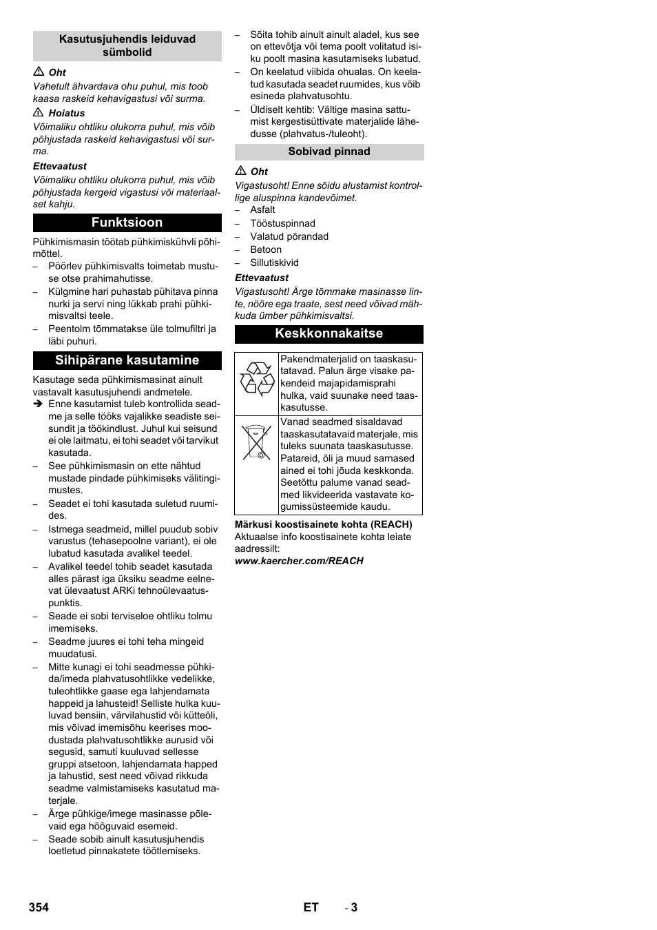 Funktsioon sihipärane kasutamine, Keskkonnakaitse | Karcher KM 130-300 R Lpg User Manual | Page 354 / 448