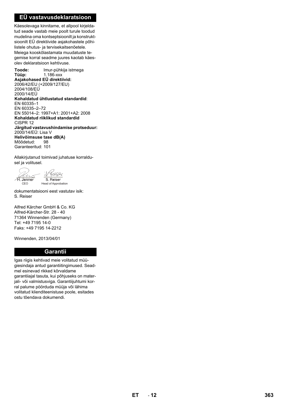Eü vastavusdeklaratsioon, Garantii | Karcher KM 130-300 R Lpg User Manual | Page 363 / 448