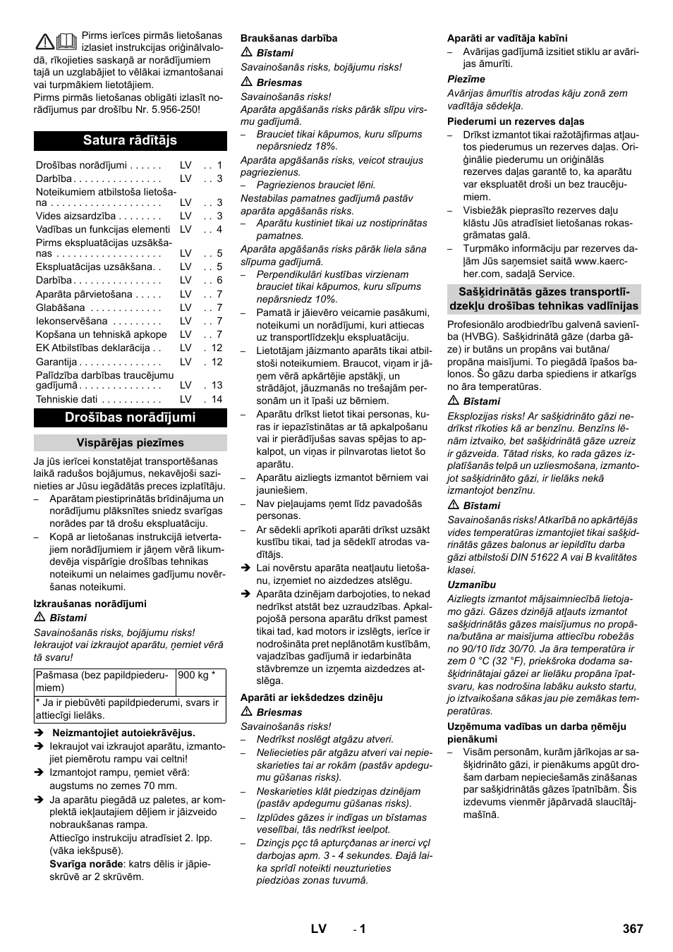 Latviešu, Satura rādītājs, Drošības norādījumi | Karcher KM 130-300 R Lpg User Manual | Page 367 / 448