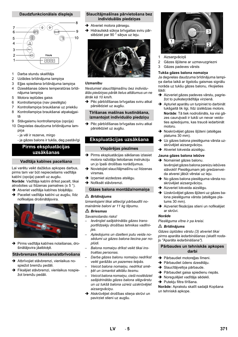 Pirms ekspluatācijas uzsākšanas, Ekspluatācijas uzsākšana | Karcher KM 130-300 R Lpg User Manual | Page 371 / 448