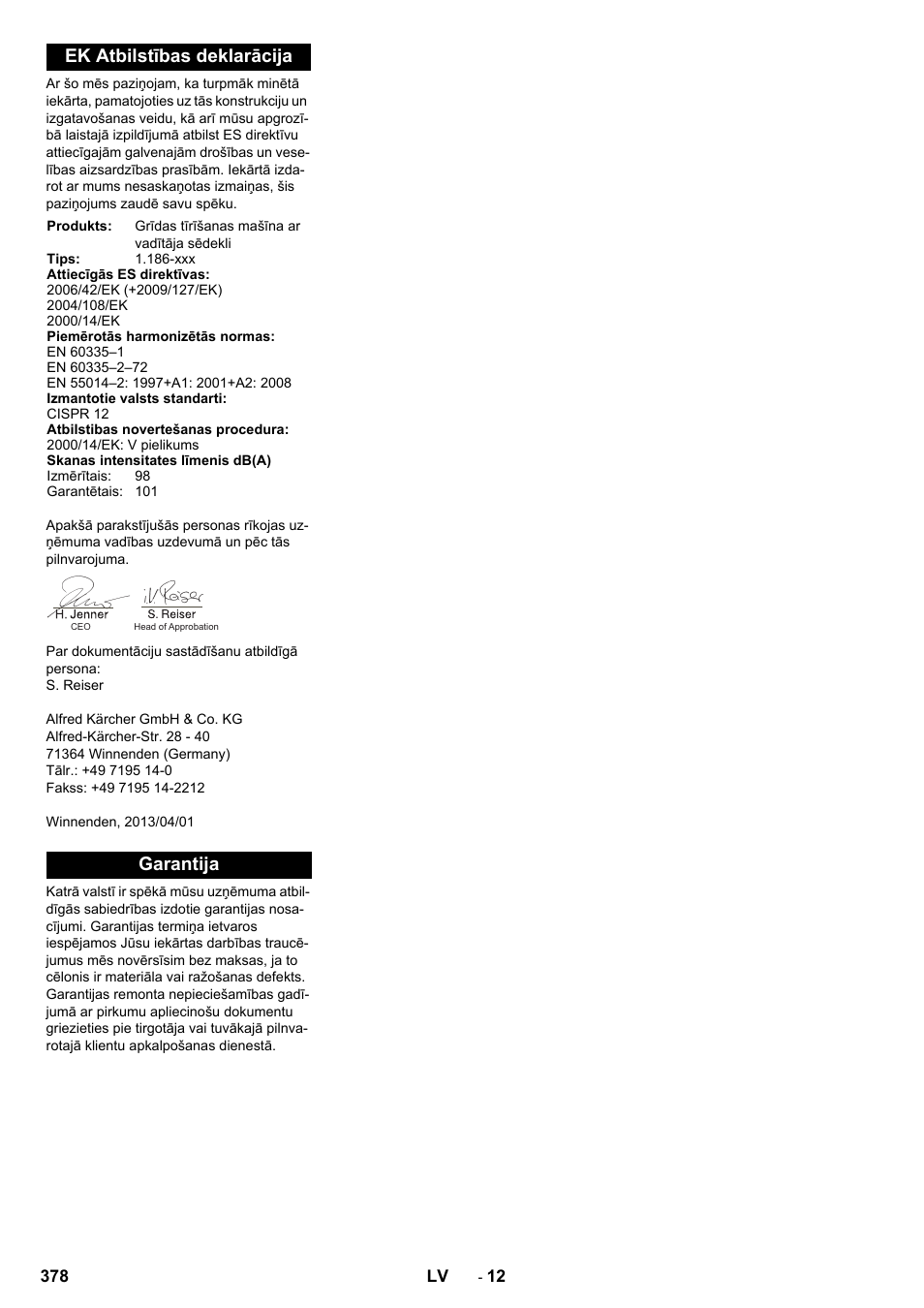 Ek atbilstības deklarācija, Garantija | Karcher KM 130-300 R Lpg User Manual | Page 378 / 448