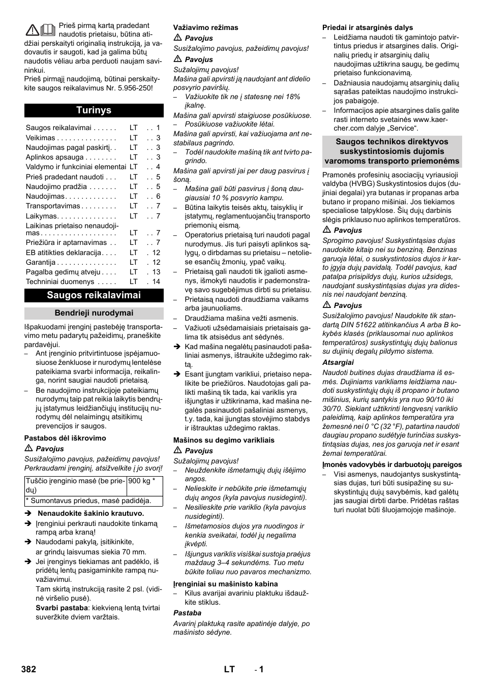 Lietuviškai, Turinys, Saugos reikalavimai | Karcher KM 130-300 R Lpg User Manual | Page 382 / 448