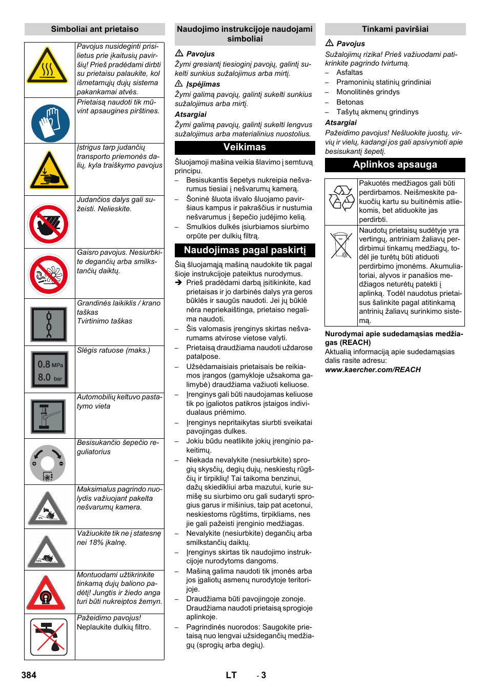 Veikimas naudojimas pagal paskirtį, Aplinkos apsauga | Karcher KM 130-300 R Lpg User Manual | Page 384 / 448