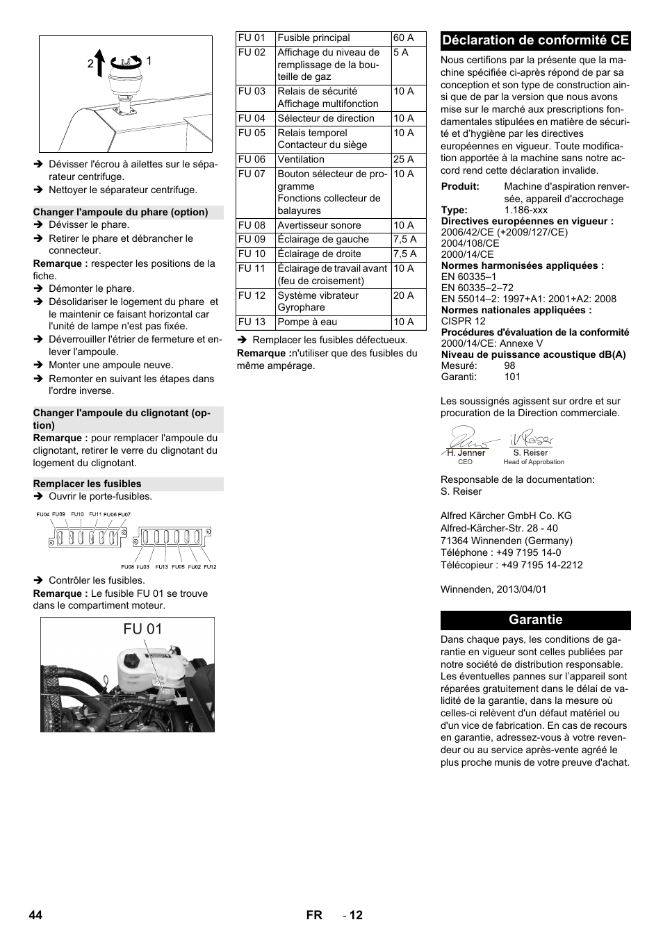 Déclaration de conformité ce, Garantie | Karcher KM 130-300 R Lpg User Manual | Page 44 / 448