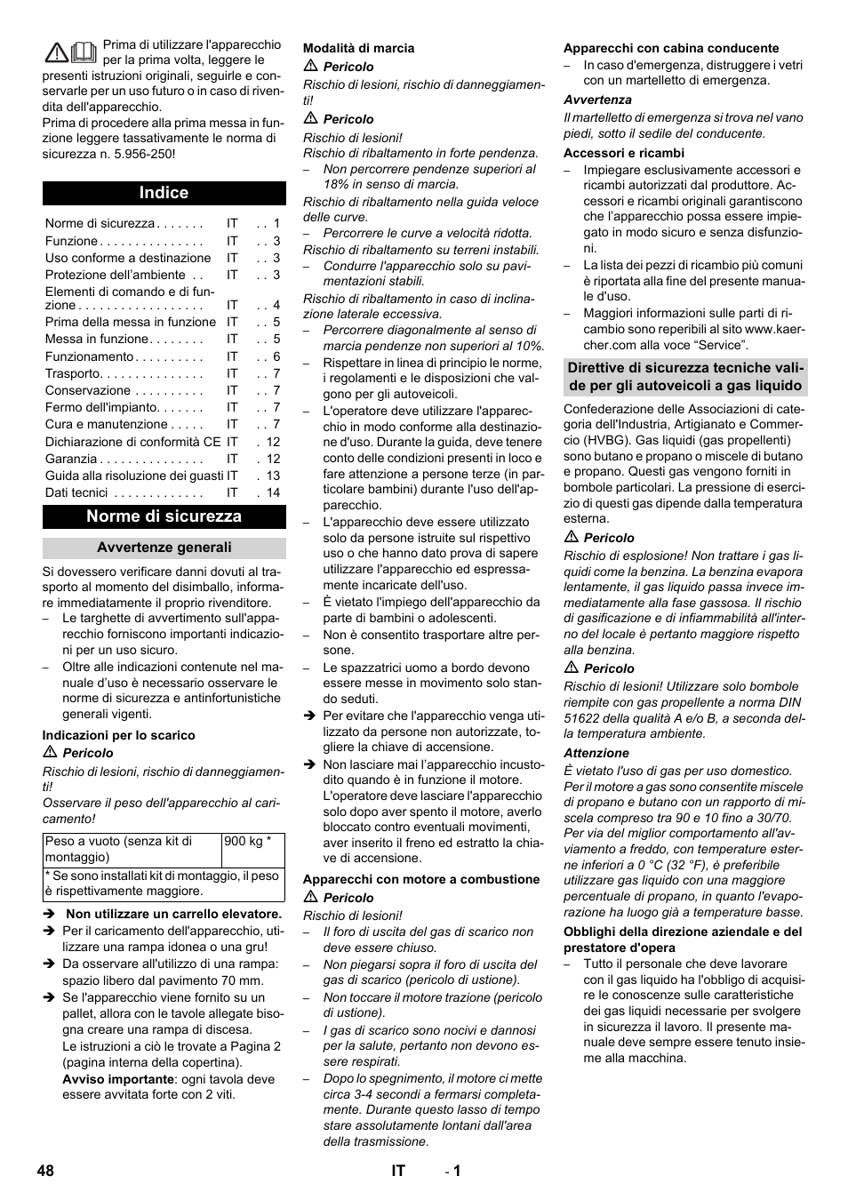 Italiano, Indice, Norme di sicurezza | Karcher KM 130-300 R Lpg User Manual | Page 48 / 448