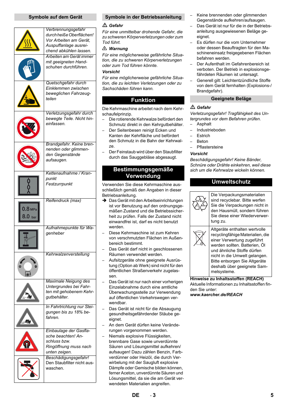 Funktion bestimmungsgemäße verwendung, Umweltschutz | Karcher KM 130-300 R Lpg User Manual | Page 5 / 448