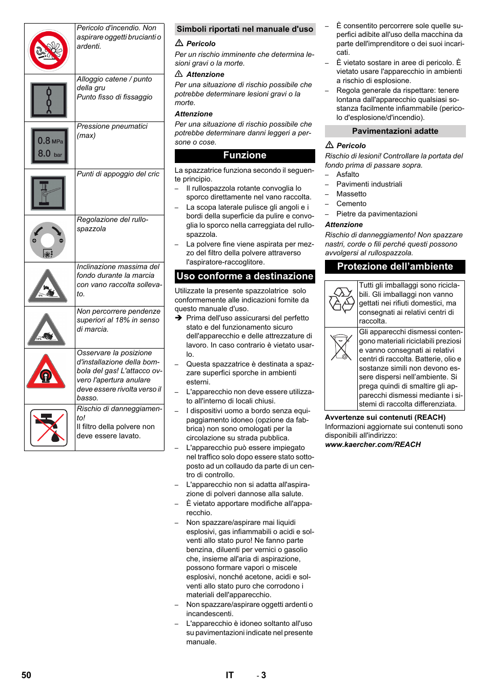 Funzione uso conforme a destinazione, Protezione dell’ambiente | Karcher KM 130-300 R Lpg User Manual | Page 50 / 448