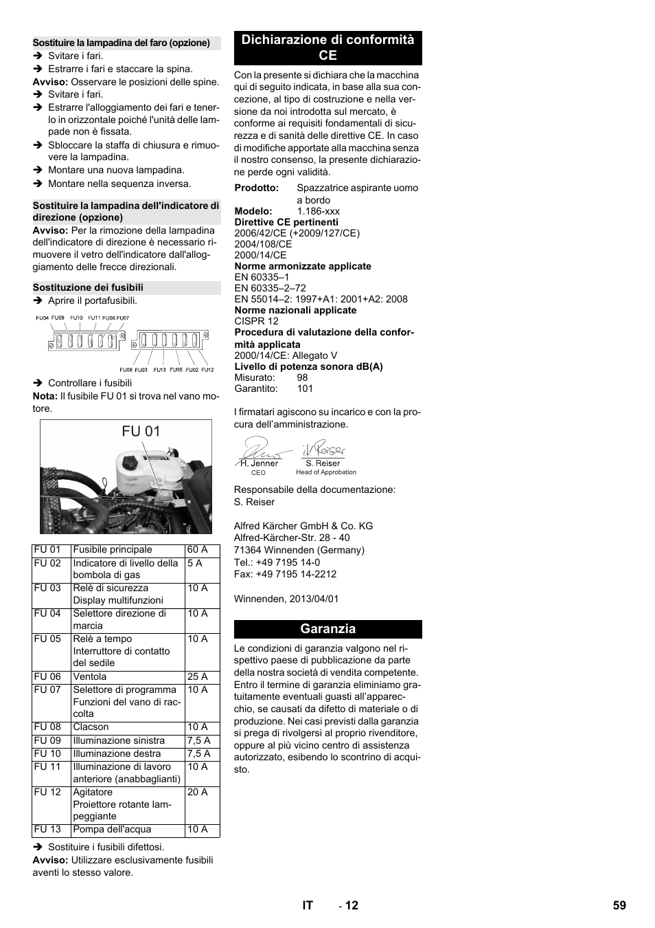 Dichiarazione di conformità ce, Garanzia | Karcher KM 130-300 R Lpg User Manual | Page 59 / 448