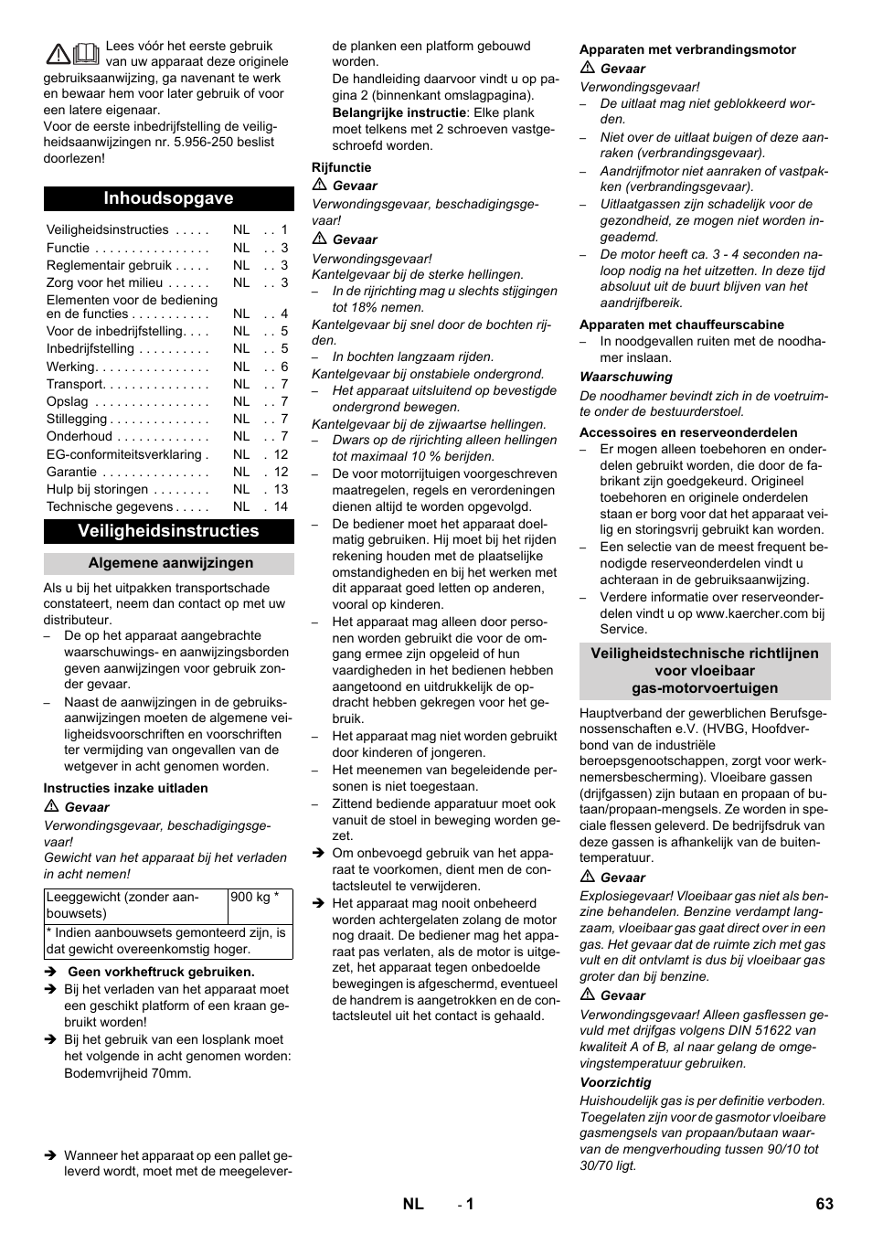 Nederlands, Inhoudsopgave, Veiligheidsinstructies | Karcher KM 130-300 R Lpg User Manual | Page 63 / 448