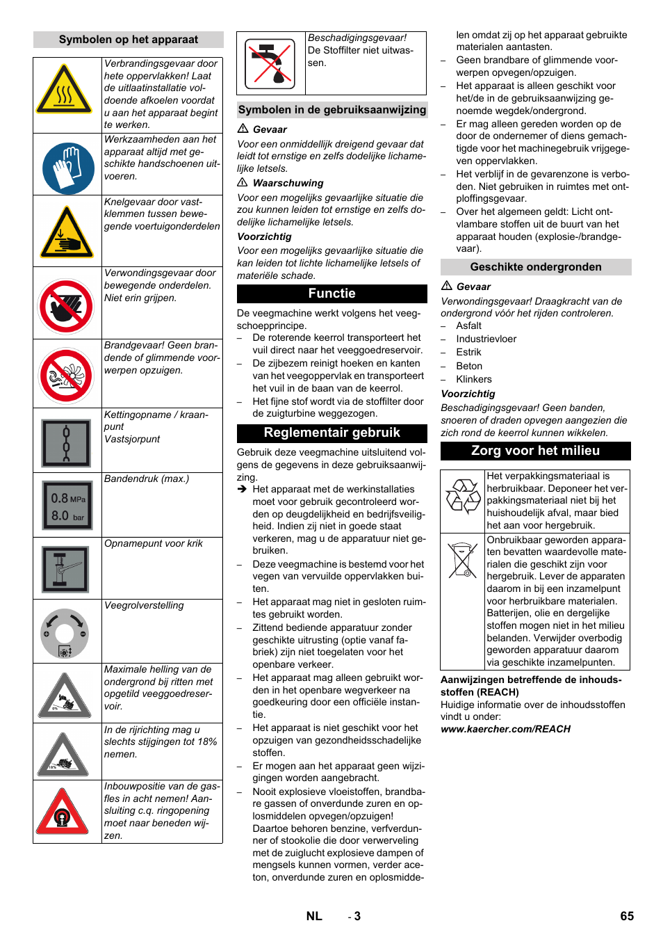 Functie reglementair gebruik, Zorg voor het milieu | Karcher KM 130-300 R Lpg User Manual | Page 65 / 448