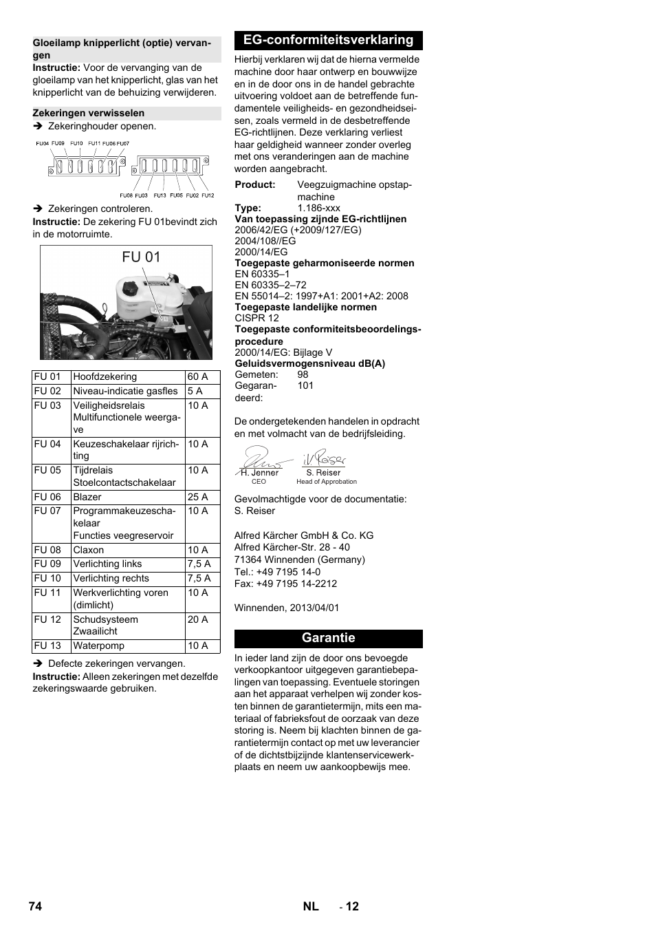 Eg-conformiteitsverklaring, Garantie | Karcher KM 130-300 R Lpg User Manual | Page 74 / 448