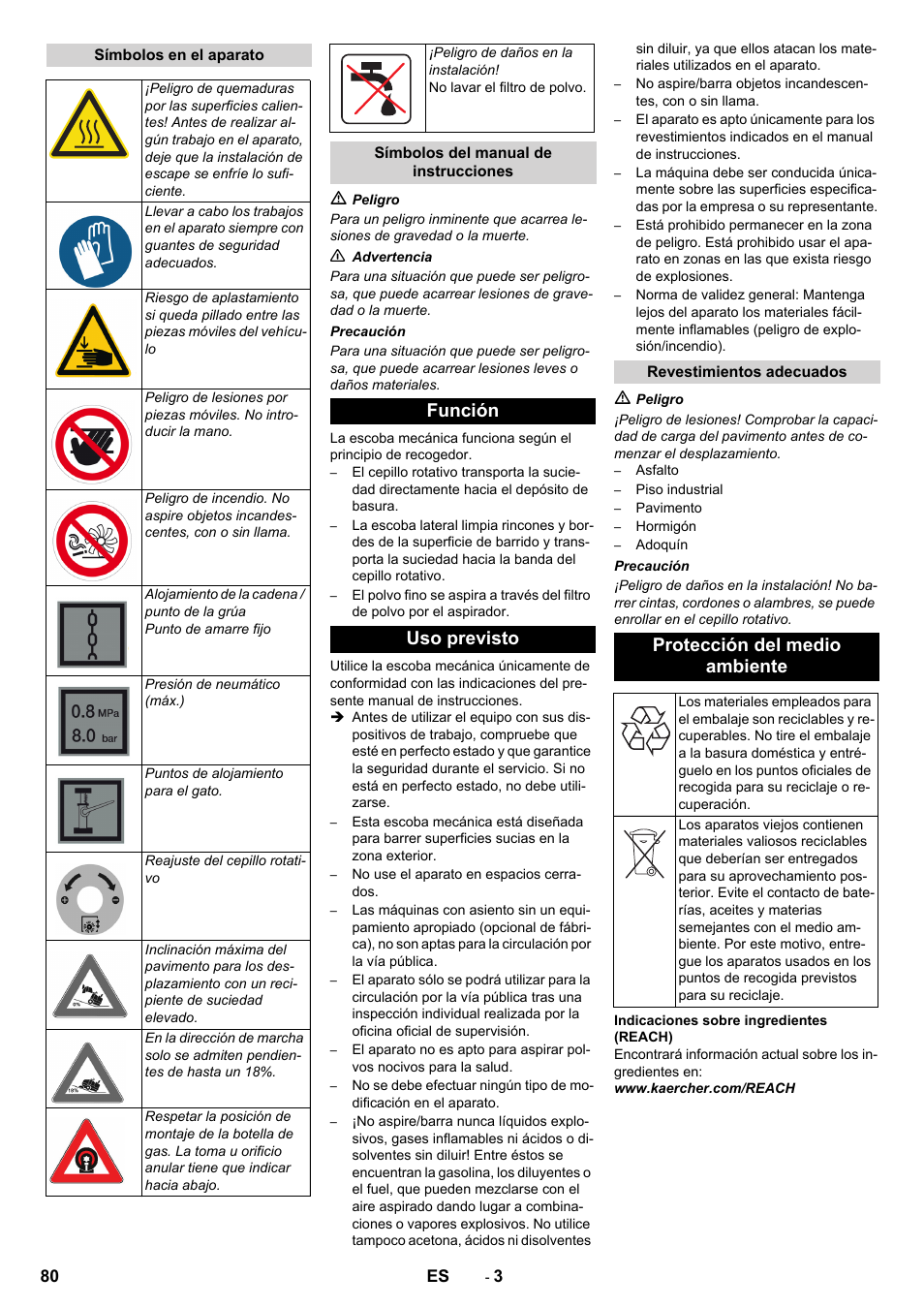 Función uso previsto, Protección del medio ambiente | Karcher KM 130-300 R Lpg User Manual | Page 80 / 448