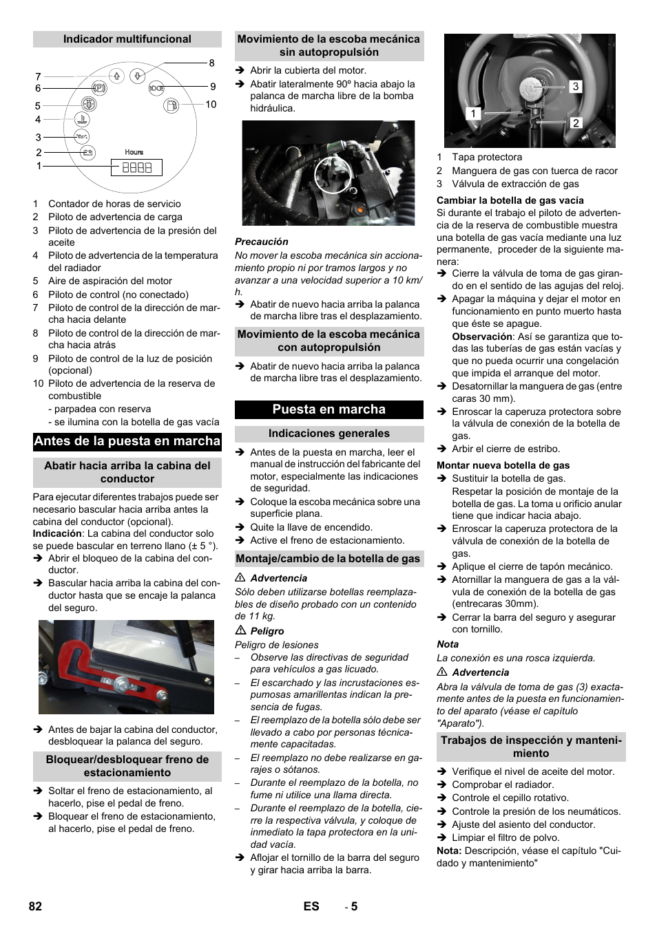 Antes de la puesta en marcha, Puesta en marcha | Karcher KM 130-300 R Lpg User Manual | Page 82 / 448