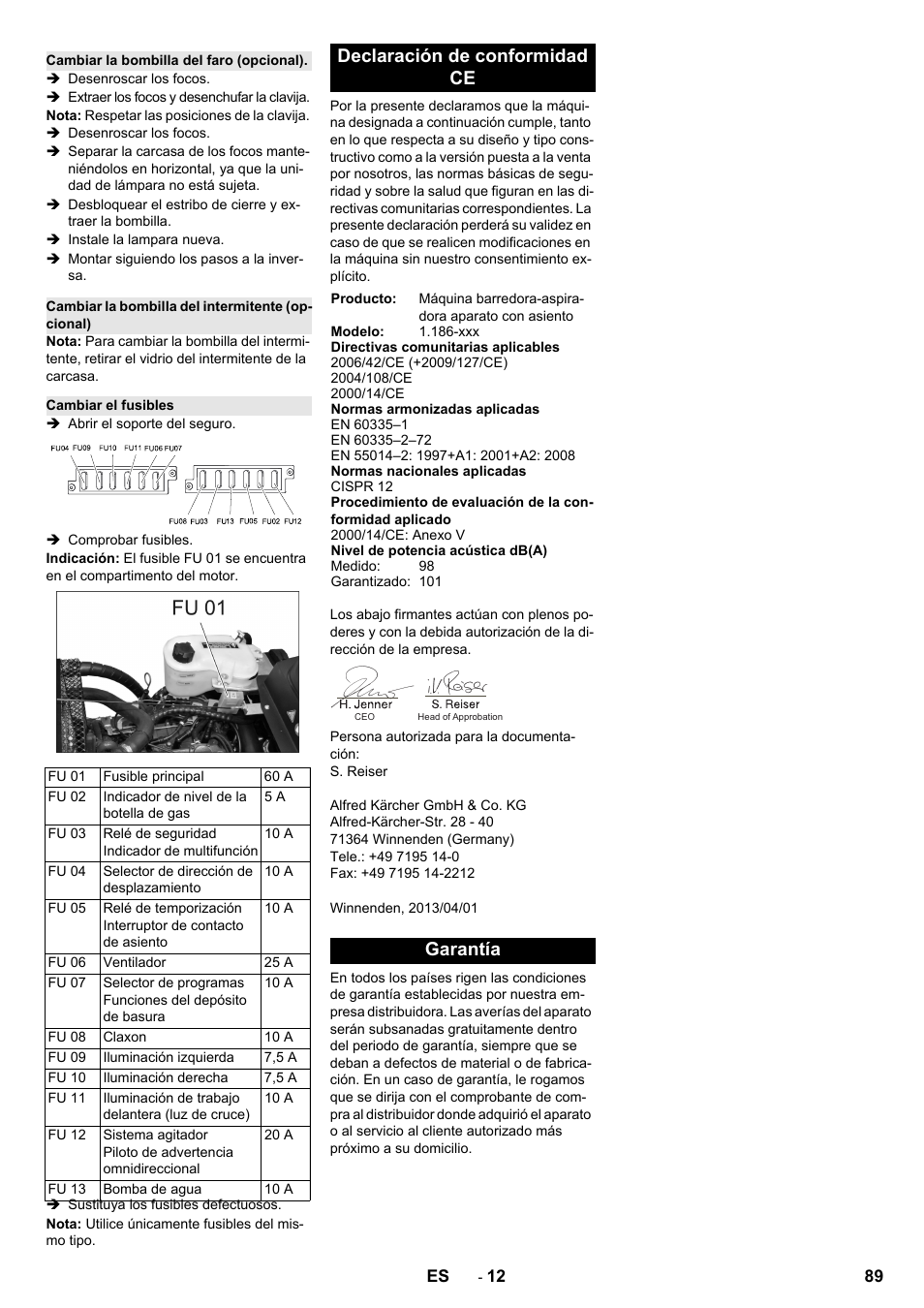 Declaración de conformidad ce, Garantía | Karcher KM 130-300 R Lpg User Manual | Page 89 / 448