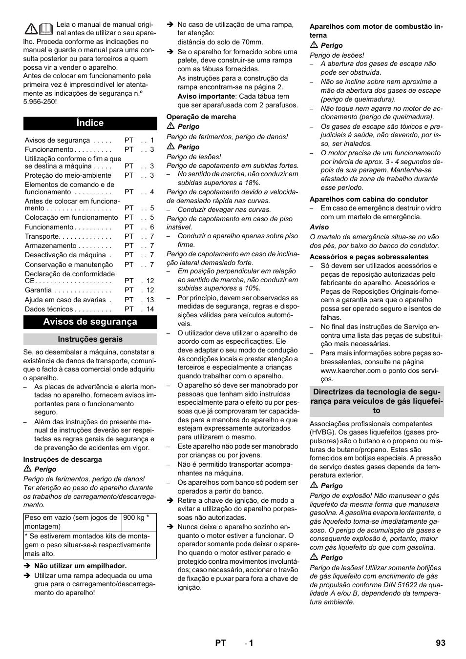 Português, Índice, Avisos de segurança | Karcher KM 130-300 R Lpg User Manual | Page 93 / 448