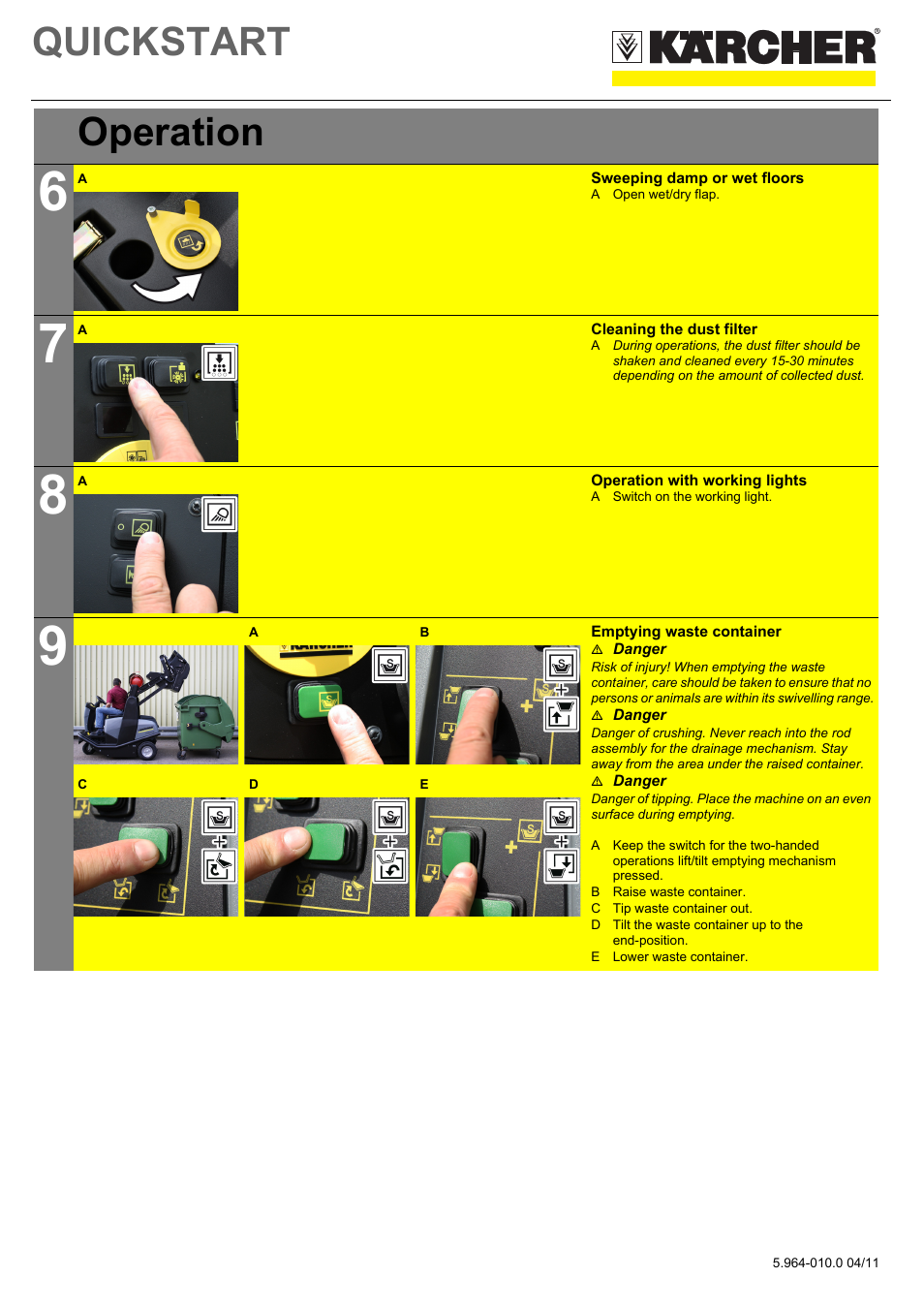 Tabellenreihe, Grafik, Sweeping damp or wet floors | A open wet/dry flap, Cleaning the dust filter, Operation with working lights, A switch on the working light, Emptying waste container, M danger, B raise waste container | Karcher KM 120-150 R LPG User Manual | Page 3 / 6