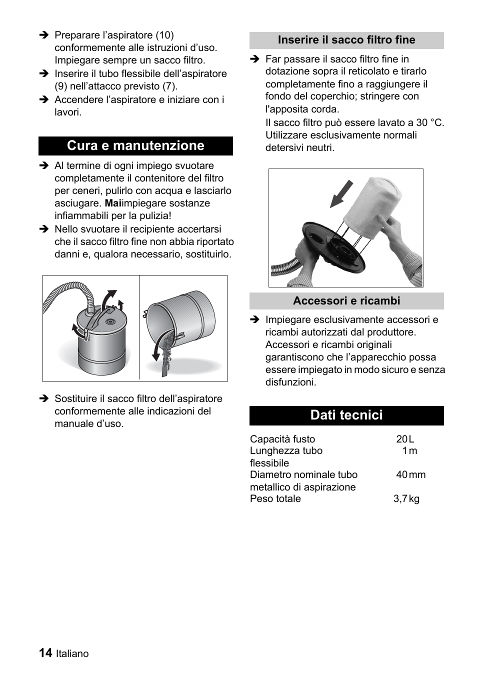 Cura e manutenzione, Dati tecnici | Karcher Filtr na hrubé nečistoty a popel Premium User Manual | Page 14 / 84