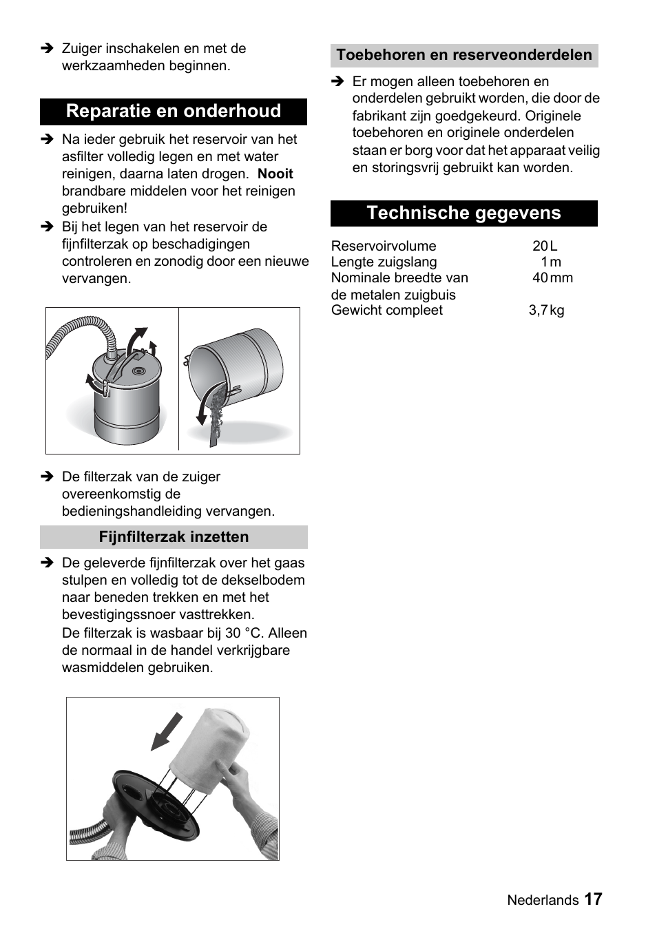 Reparatie en onderhoud, Technische gegevens | Karcher Filtr na hrubé nečistoty a popel Premium User Manual | Page 17 / 84